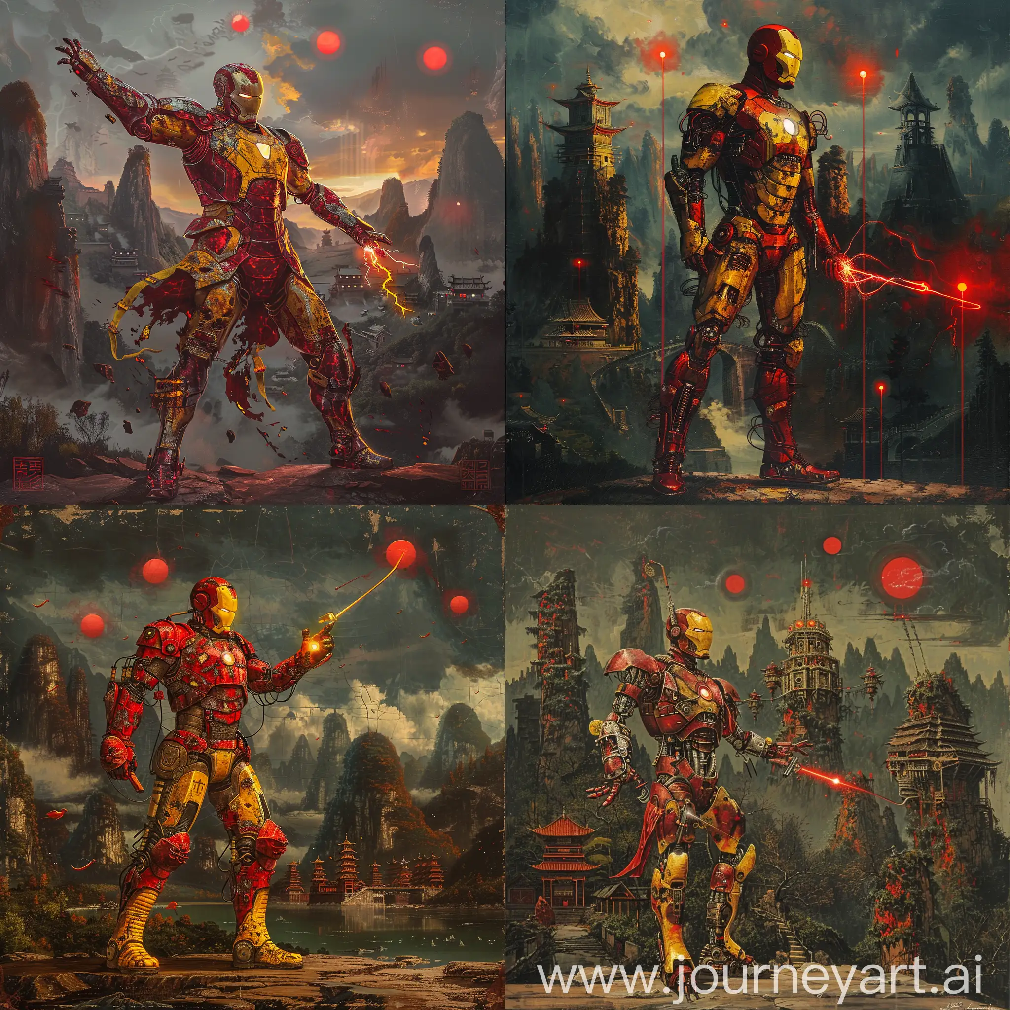 Iron-Man-in-Chinese-Medieval-Armor-with-Electric-Blade-Cyberpunk-Guilin-and-Futuristic-Castles-Background