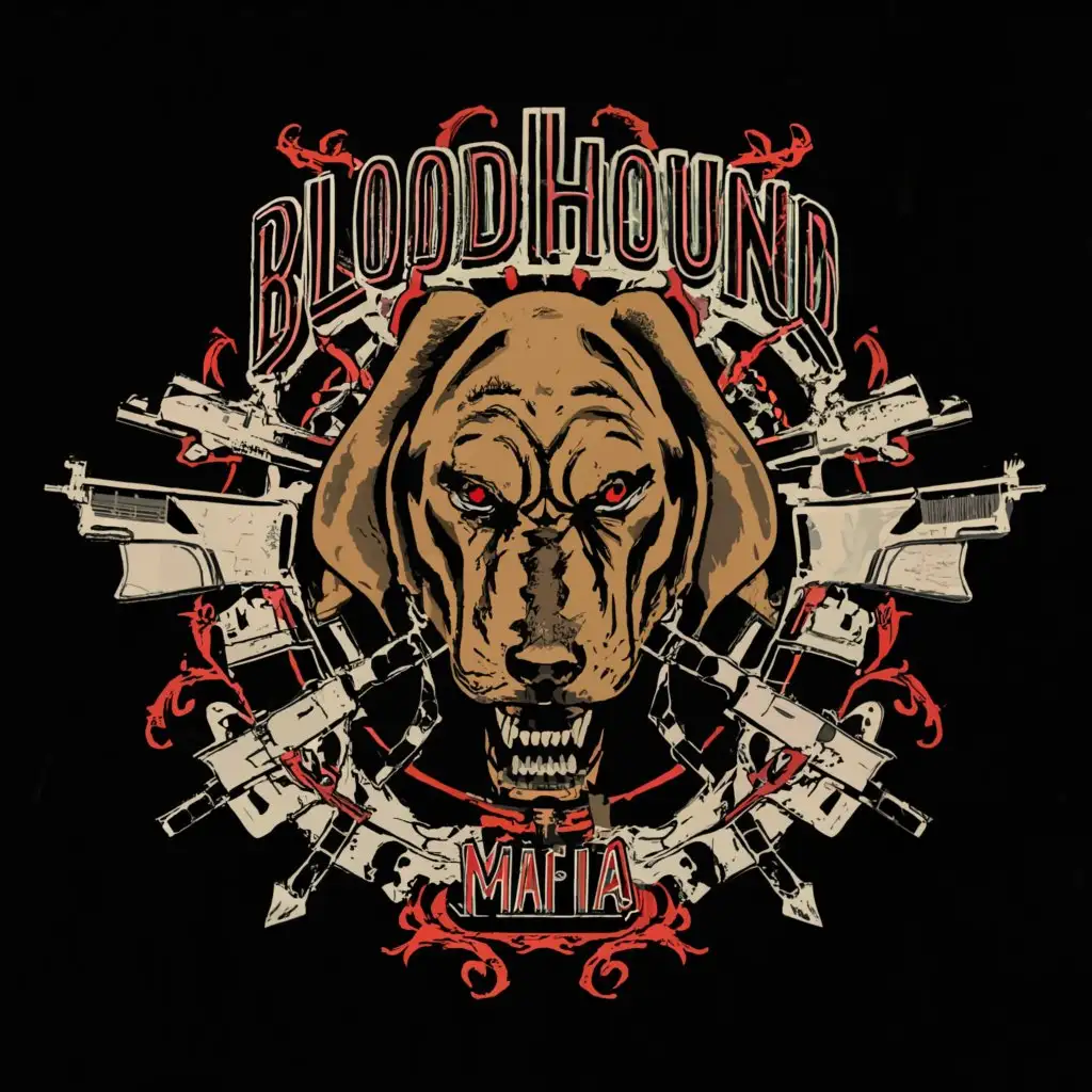 a logo design,with the text 'Bloodhound Mafia', main symbol:Bloodhound with guns and death,complex,clear background