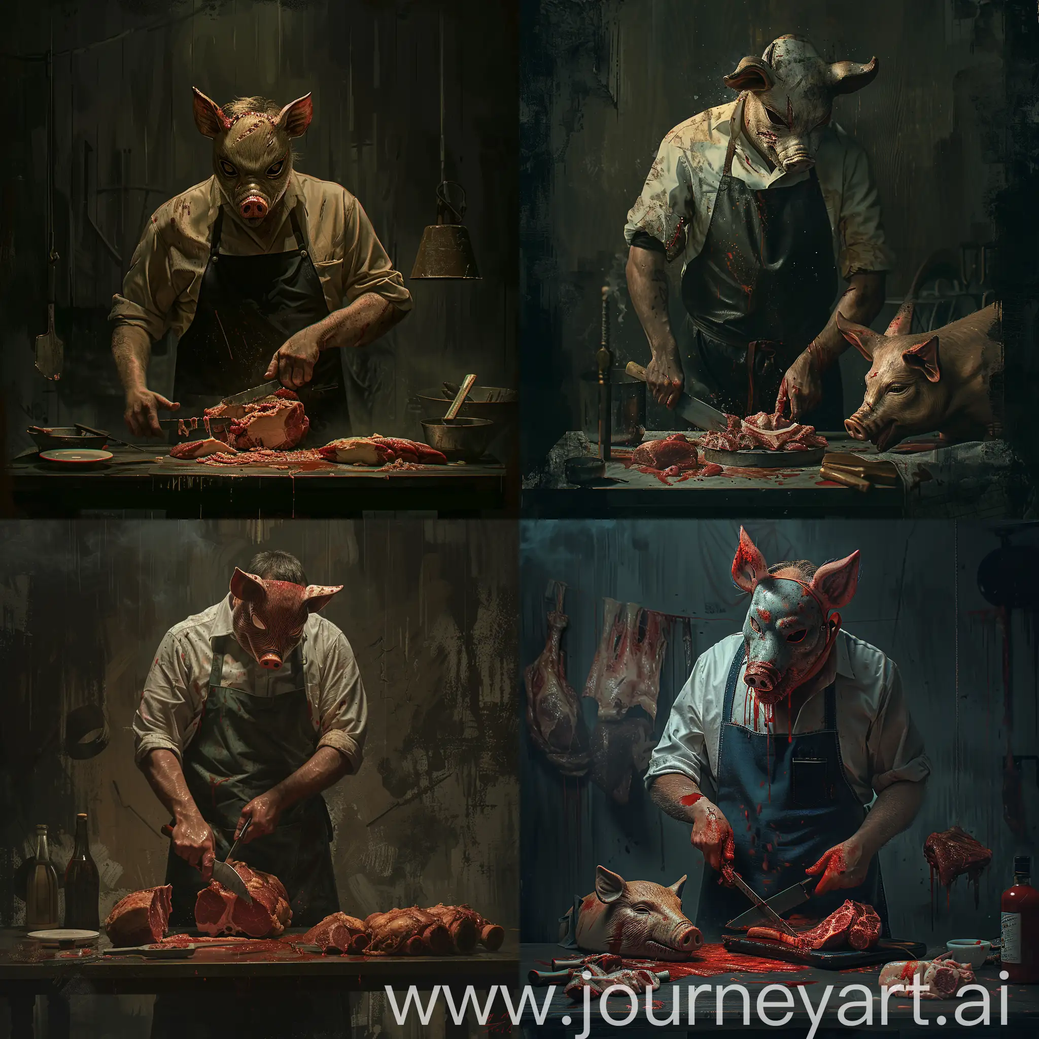 A man with butcher apron and a pig mask slicing meat on the table. dark creepy environment. digital art. guillerme del toro style dark image.