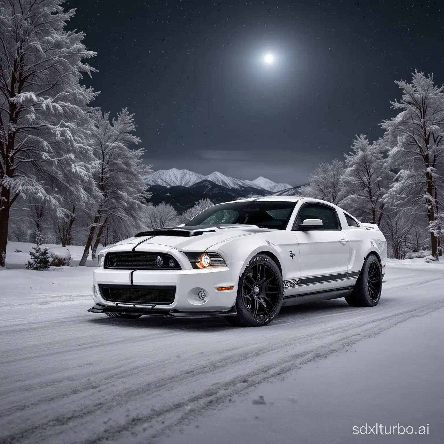 shelby gt 500 super snake , modell 2013, car color white, night, snow street, lightning, stars , moon , mountains, trees, colored photo, 
