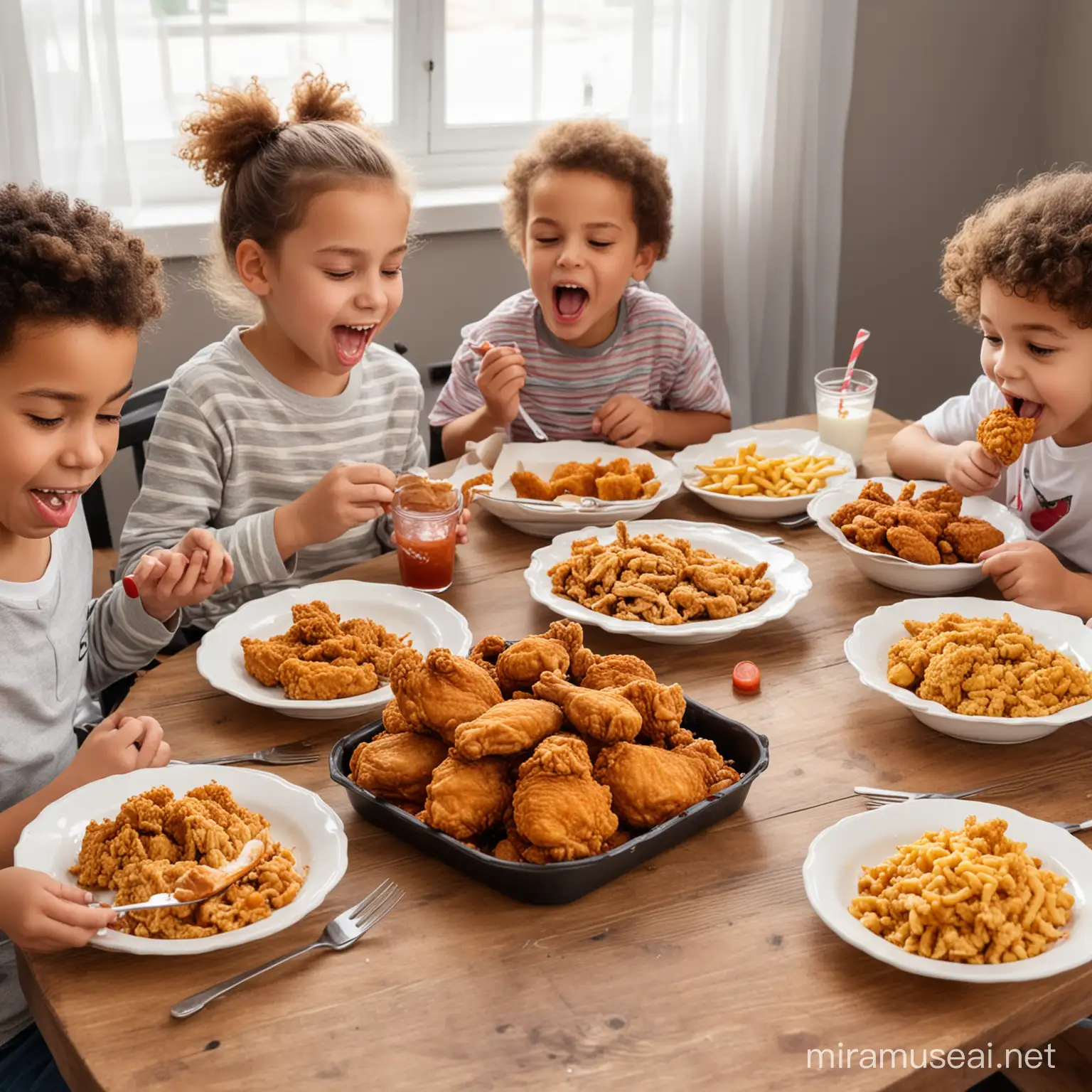 Kids eating table full of  fried chicken
