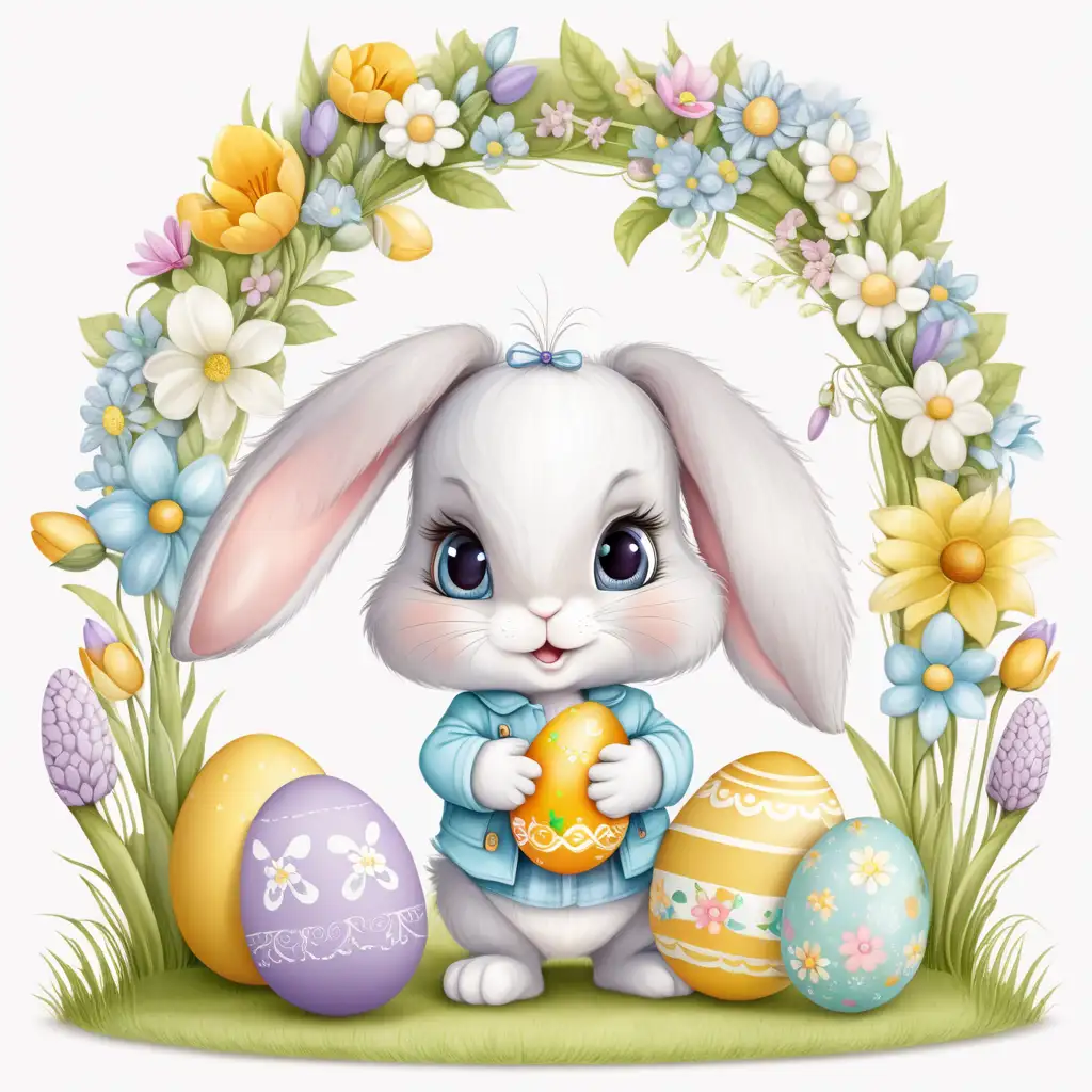Cute Baby Bunny with Easter Eggs and Spring Flowers Arch on White Background