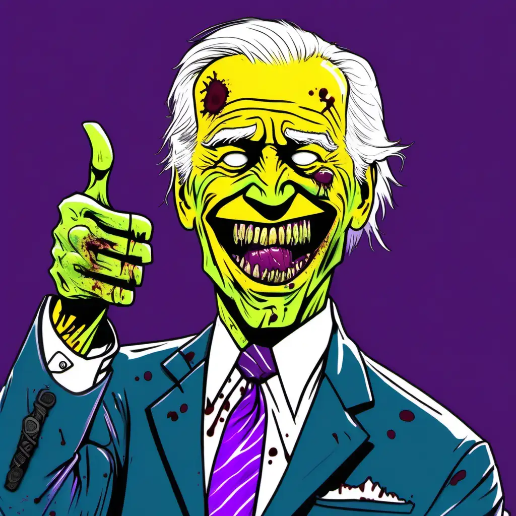 A cartoon version of Joe Biden as a zombie. He has pale green skin, yellow teeth, and messy hair with sores all over. He is wearing a suit and a tie, but they are ripped and stained with blood. He is smiling and giving a thumbs up on a purple background. use cartoon style.
