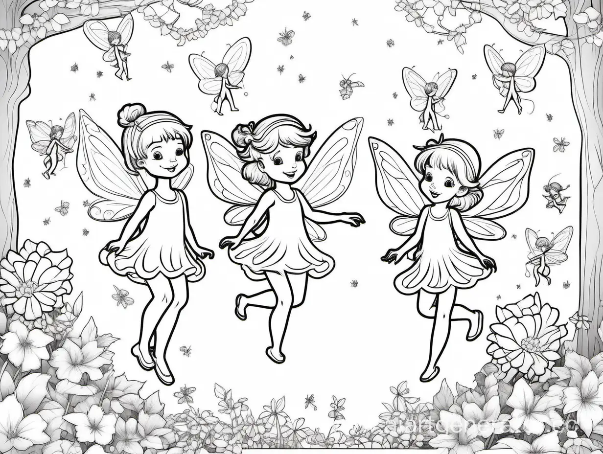 Whimsical-Cartoon-Celebration-Little-Fairies-in-Black-and-White-Outline