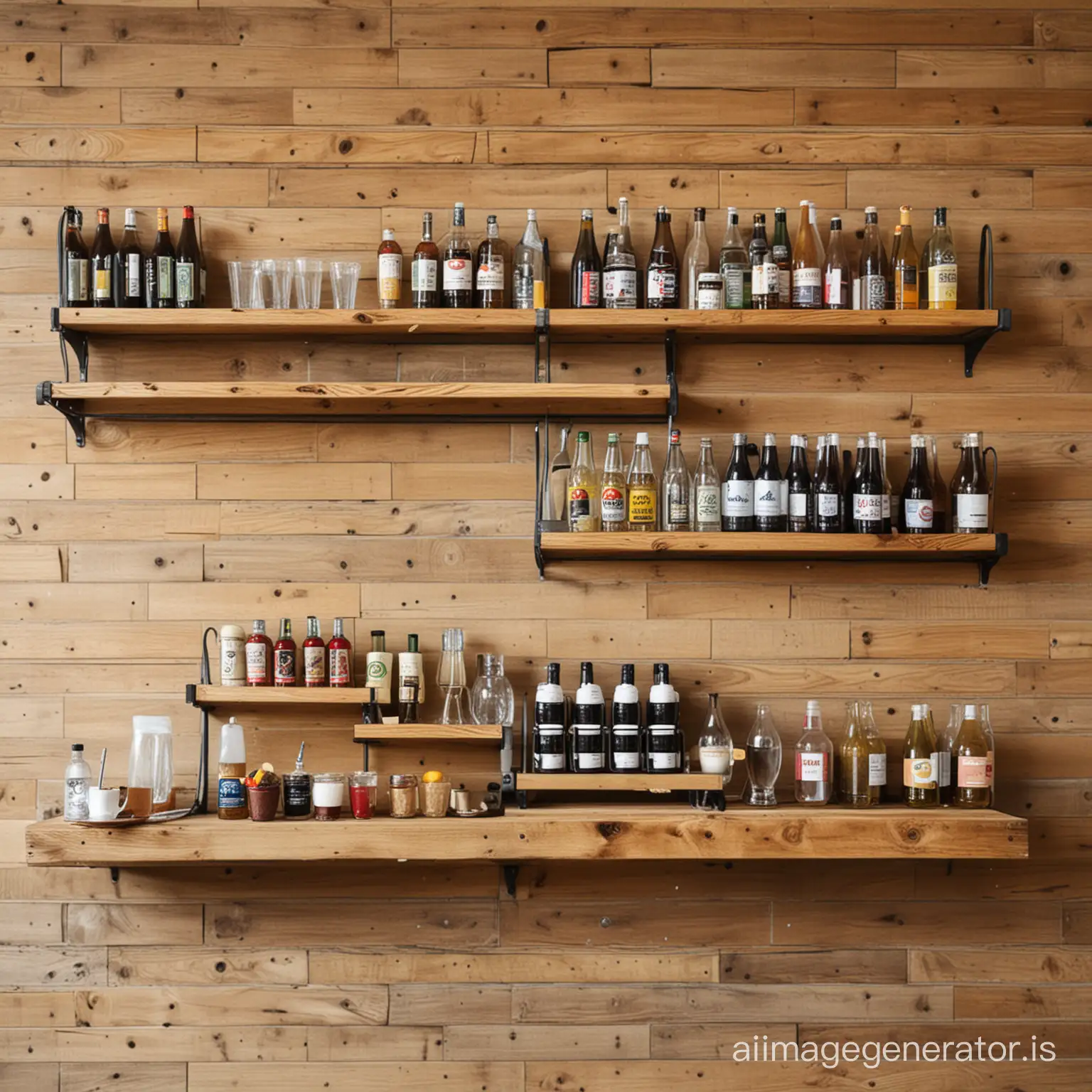 Cafe drinks and food racks on wall of wood