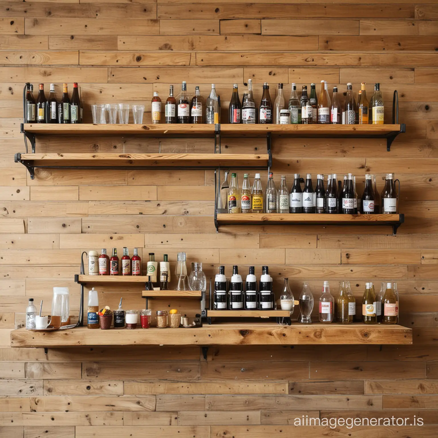 Cafe drinks and food racks on wall 
of wood
