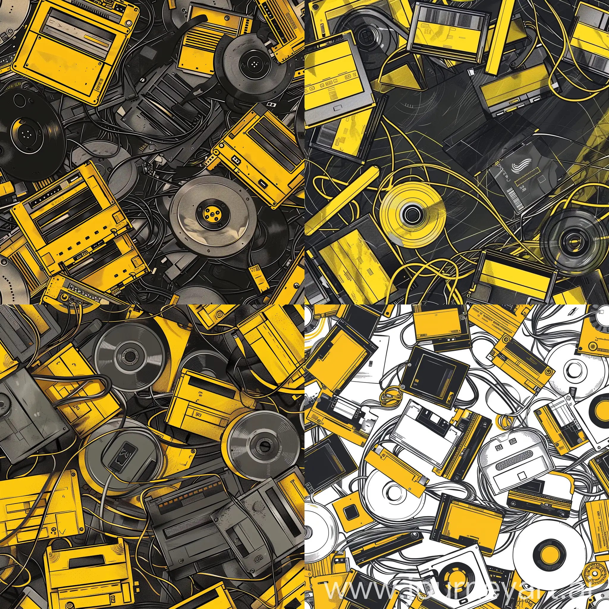 Vintage-Computing-Equipment-Sketch-Floppy-Disks-HDDs-and-Wires-in-Yellow-and-Black