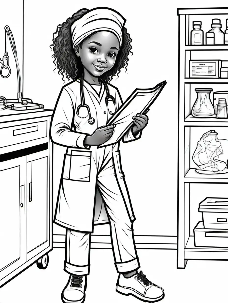 coloring book page, black and white line art, 10 year old African American girl in full body working as a surgeon