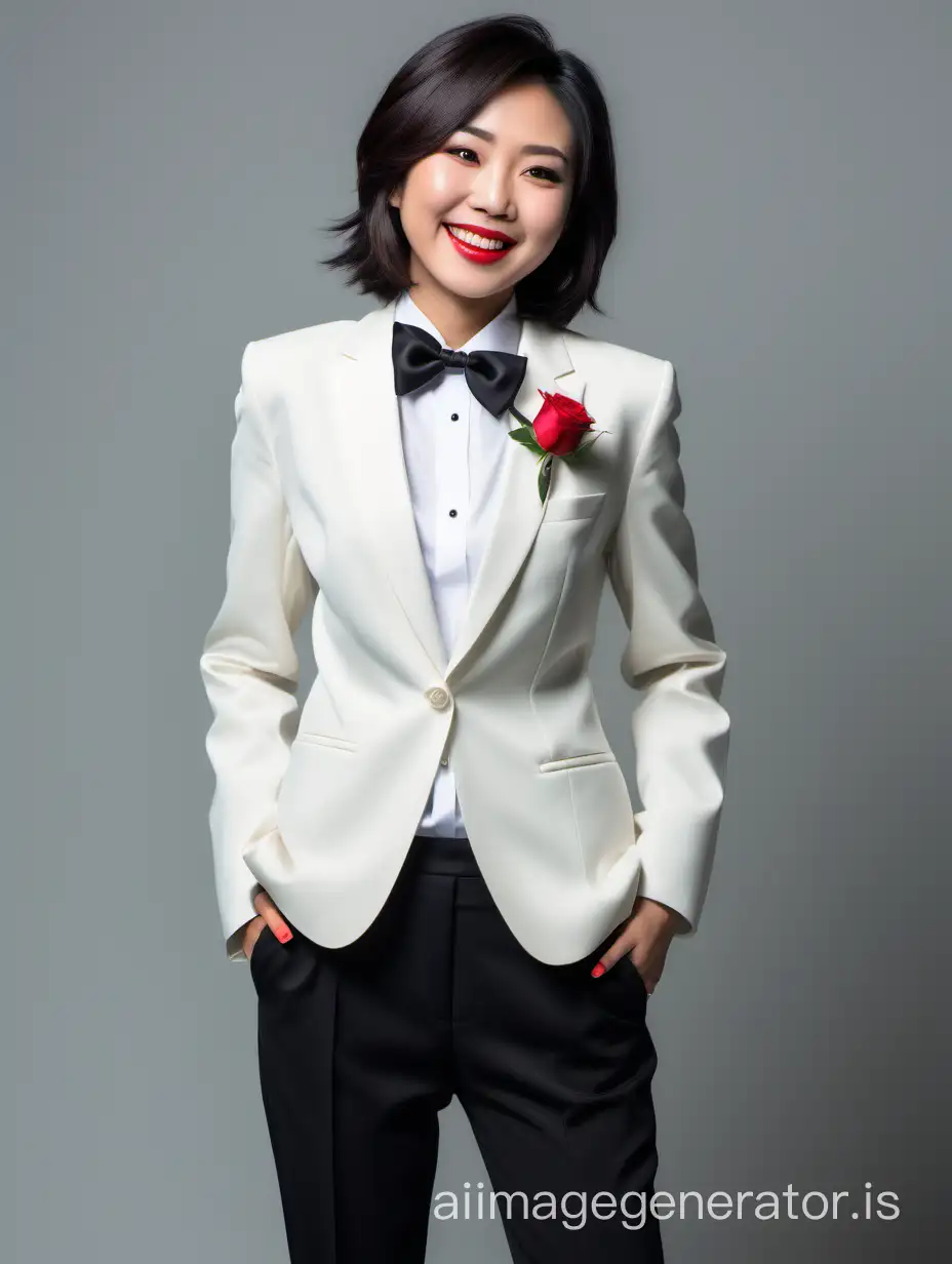 Confident Chinese Woman in Stylish Ivory Tuxedo with Red Rose Corsage ...