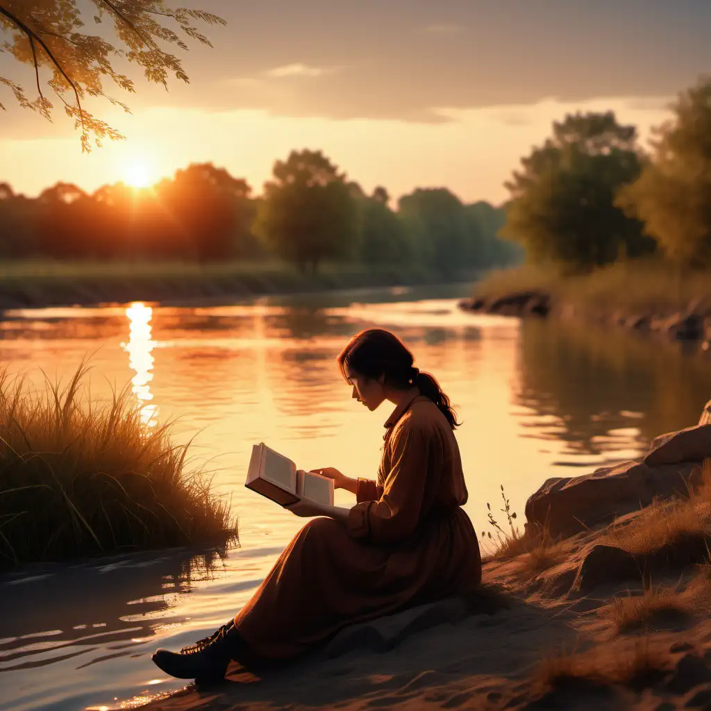 A woman sitting on a riverbank at sunset reading a book. Have illustrations of a great battle scene popping out of the book