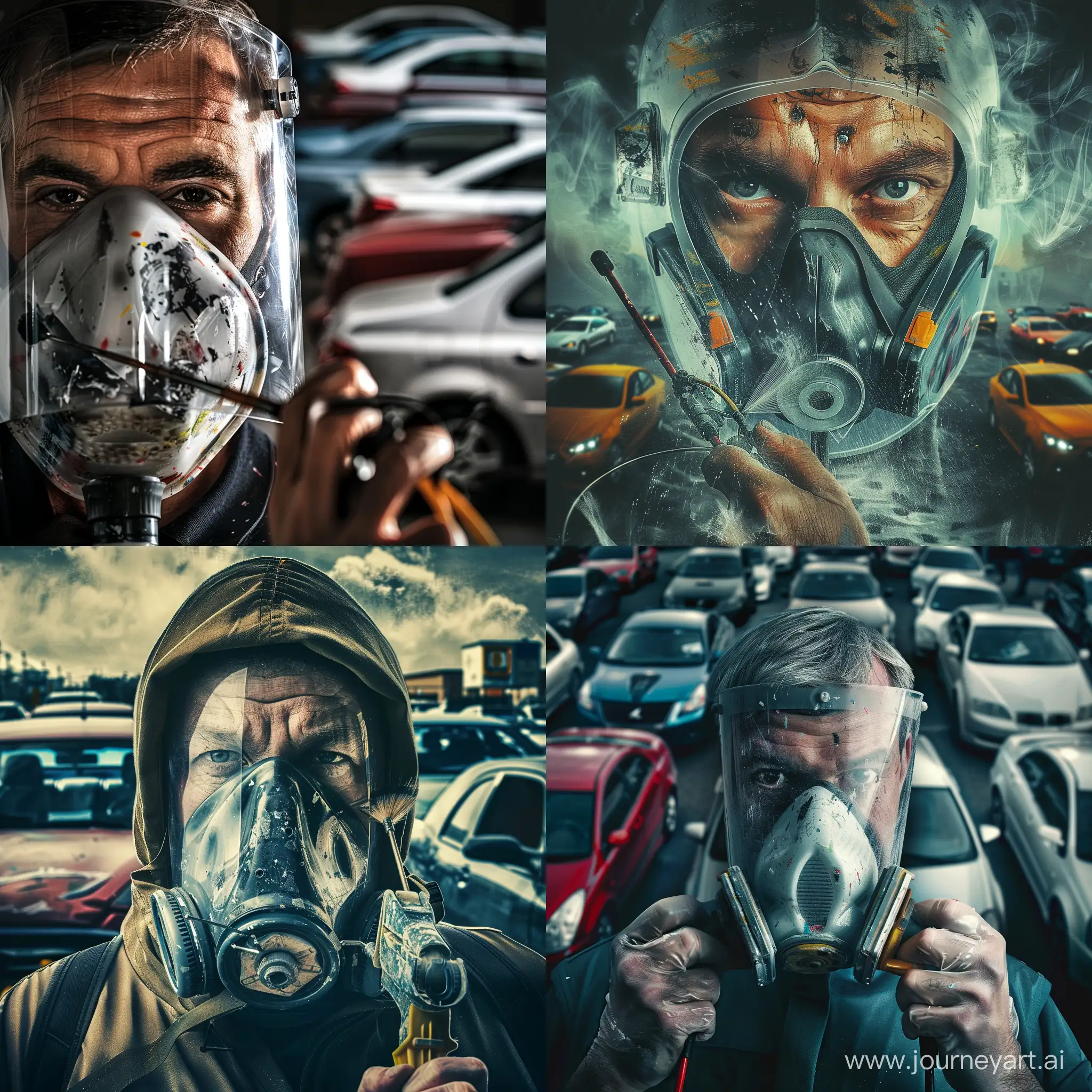 Man-in-Respirator-with-Paint-Sprayer-amidst-Cars