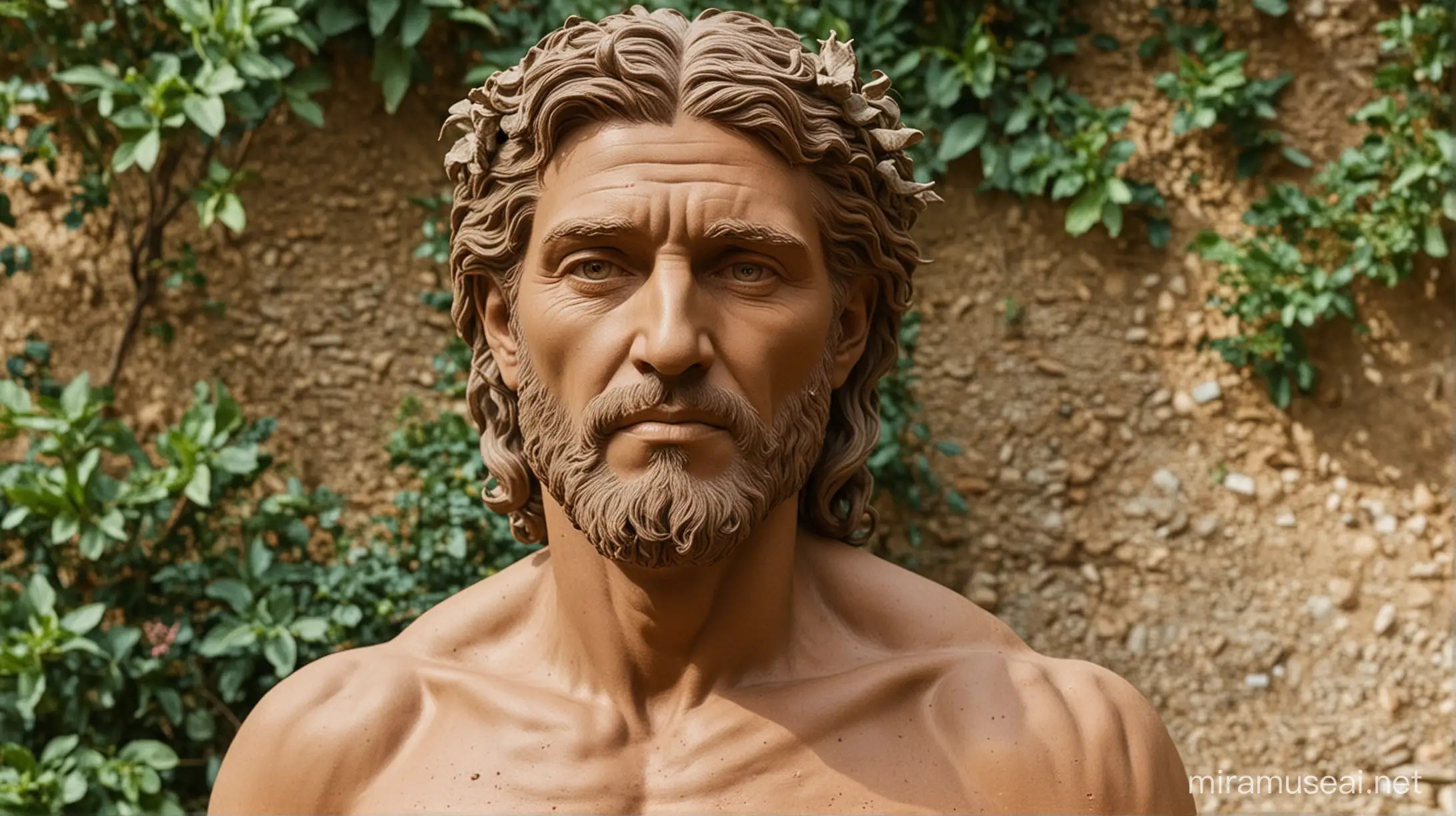 A man that looks like he was made out of clay,   in the garden of eden, in the biblcal era.