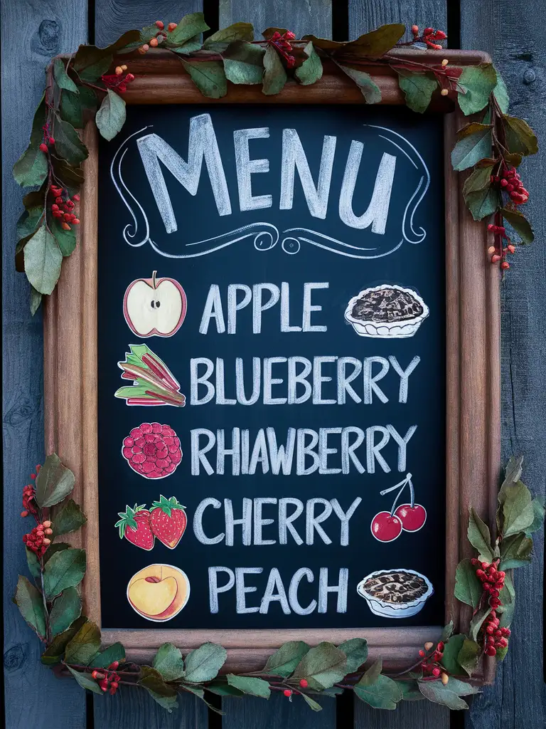 make me a handmade menu board for Pies, they sell Apple, Blueberry, Rhubarb, Strawberry, Cherry and Peach
