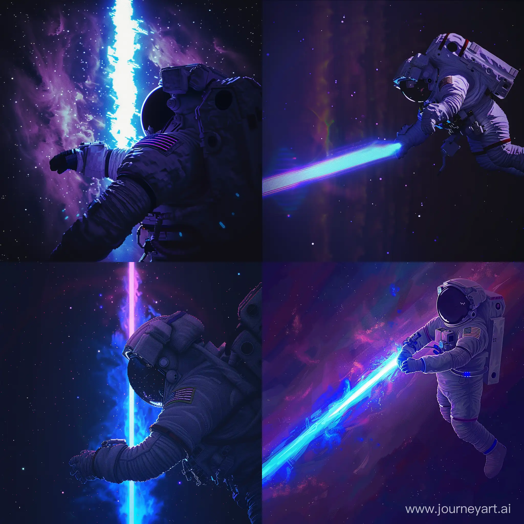 An Astronaut is in a Dark Space[Astronaut Position Top Right], A Blue & Purple Light Shines Through the Middle of the Photo, Pixel Art, Minimalism --v 6.0 --s 100