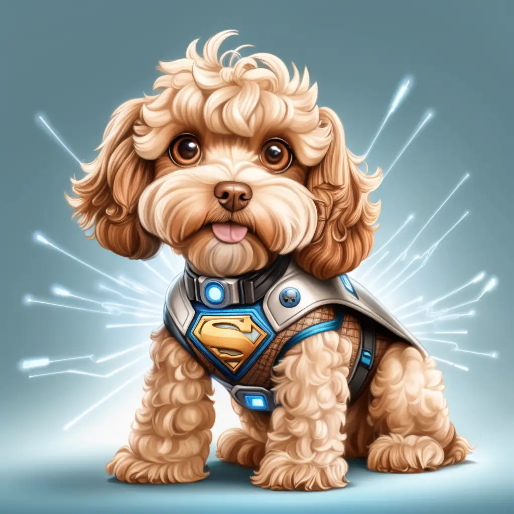 cute brown eyed apricot cockapoo superhero dog with technology superpowers