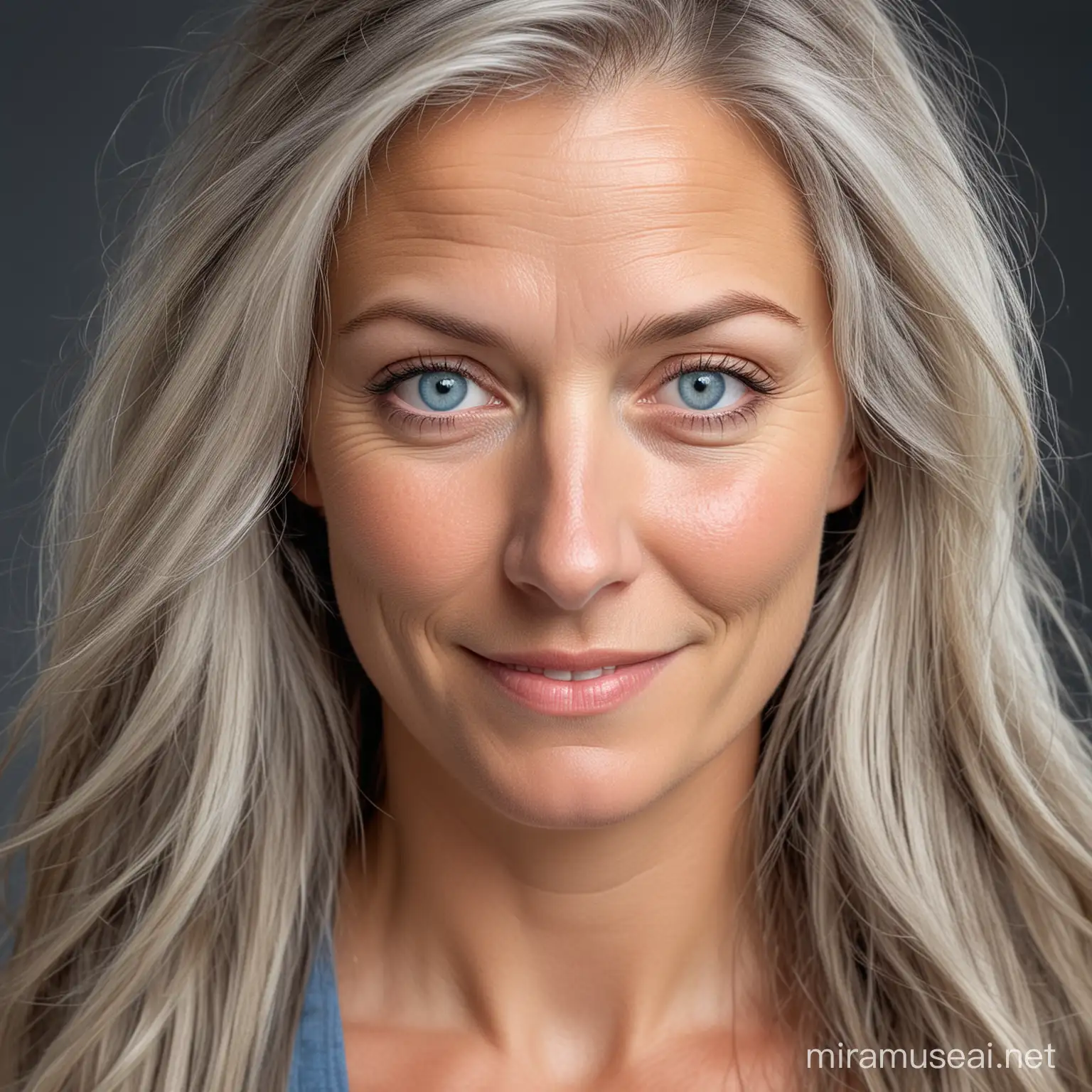 Create an image of a 44 year old woman. Her long hair is graying. She has blue eyes. She looks a bit tired but has a cheeky grin. She has high cheekbones and plump cheeks.