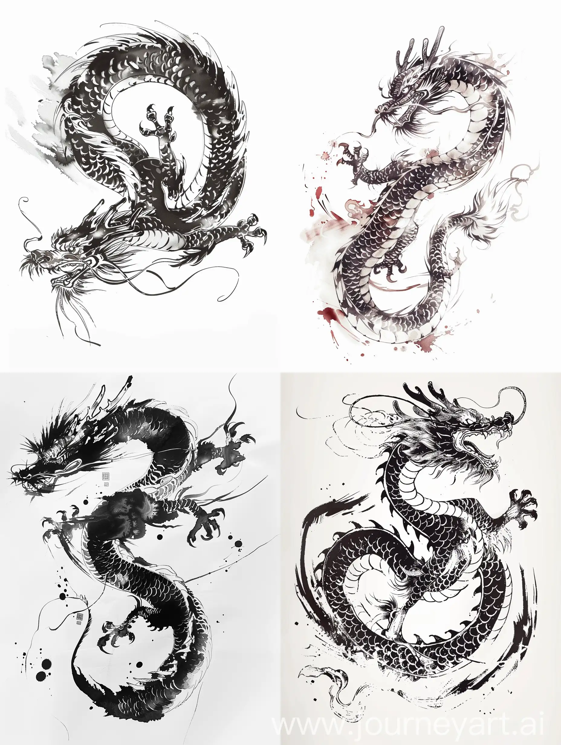 中国龙，吴冠中，水墨意境，抽象简单线条，白色背景