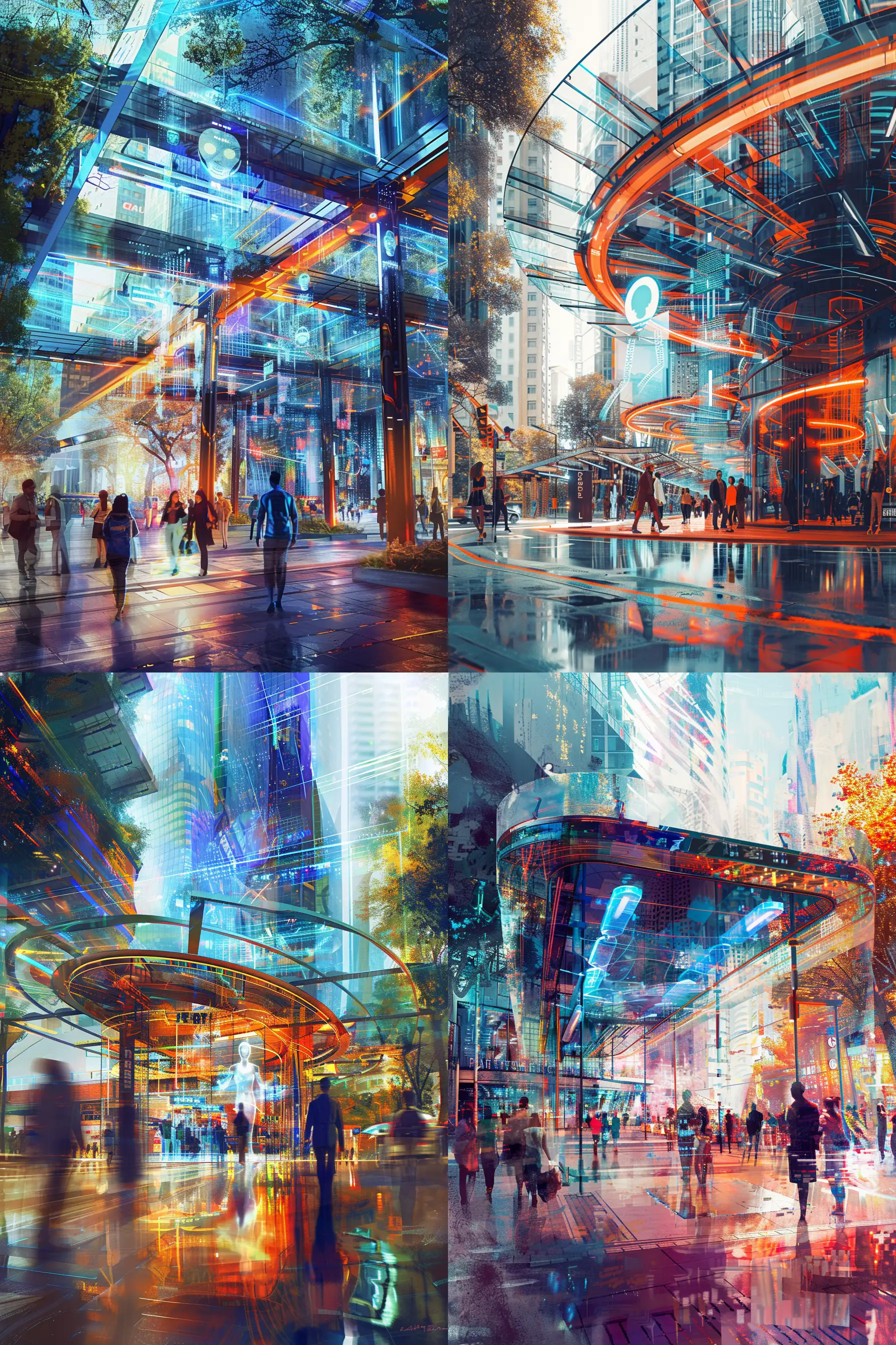 /imagine prompt: A conceptual art of a bustling real estate business hub, modernized with AI technology, based on Parque Arauco Mall's entrance. AI-driven holograms interact with clients, under a glass canopy, amidst a dynamic cityscape. Created Using: conceptual art, vibrant colors, futuristic urban landscape, interactive technology, motion blur, high contrast, wide angle lens, hd quality, natural look --ar 2:3 --v 6.0
