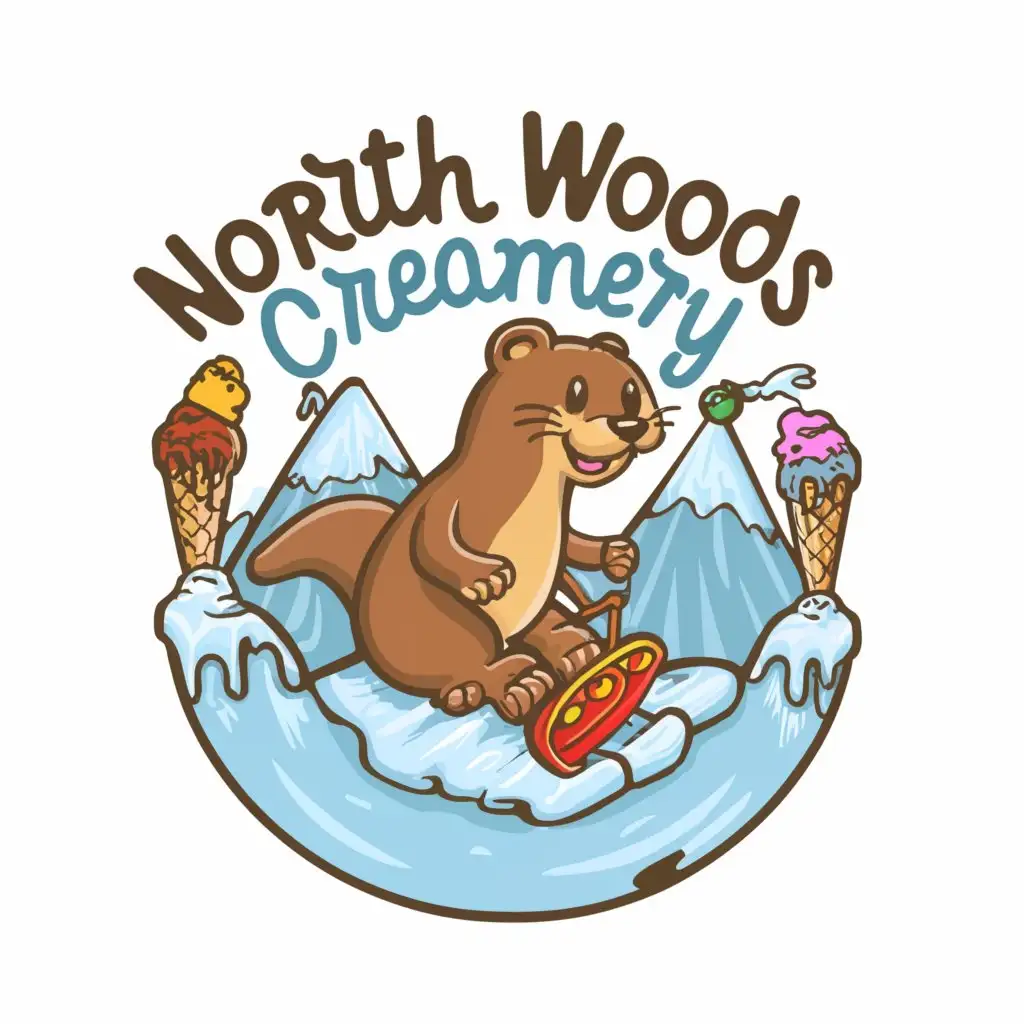a logo design,with the text "North Woods Creamery", main symbol:cartoon otter sliding down ice cream mountain,Moderate,clear background