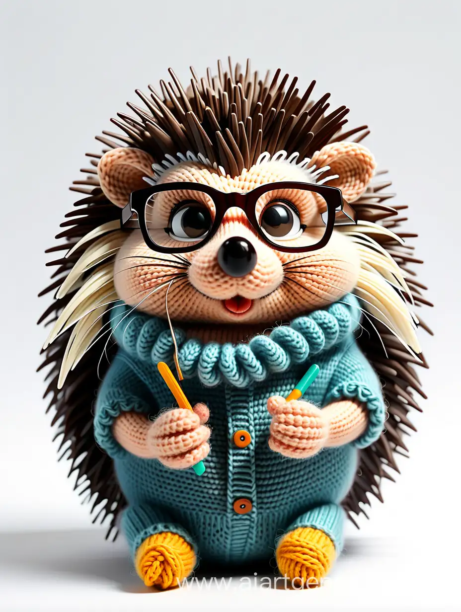 Knitted-3D-Hedgehog-with-Glasses-on-White-Background