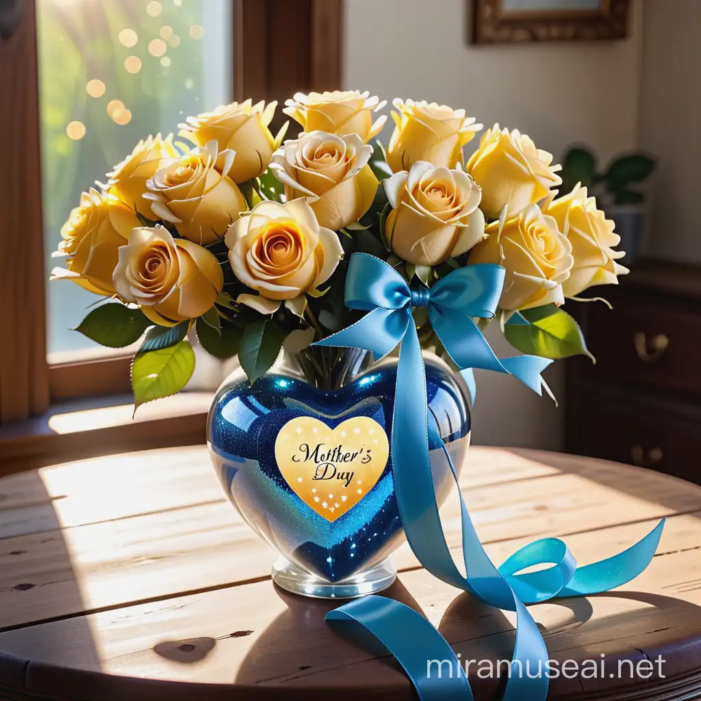 Mother's Day yellow roses in a heart shaped glitter vase with a beautiful blue ribbon sitting a beautiful wooden antique table with su rays shinning down