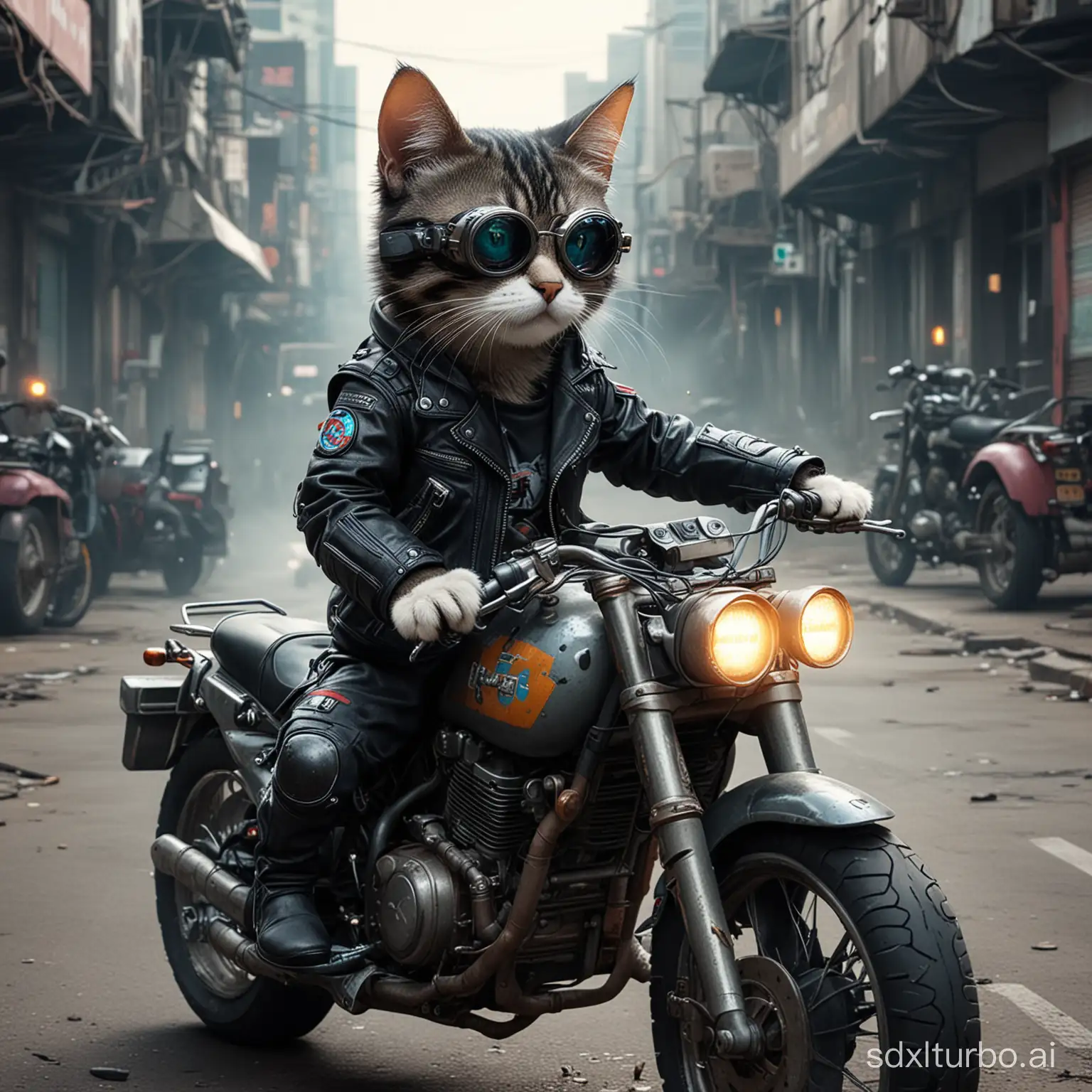 Cyberpunkcat in a motorcycle