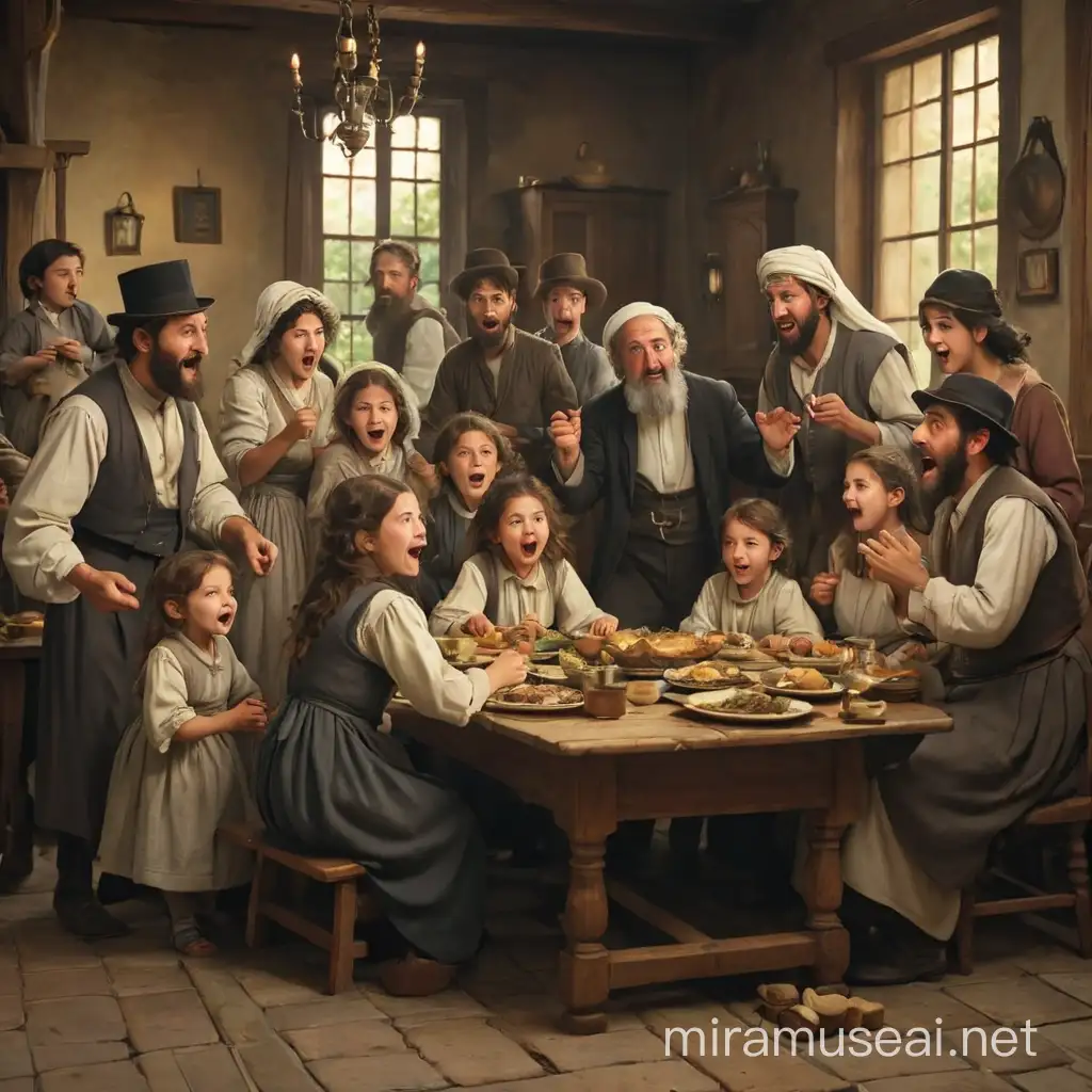 A 19th century Jewish religious family is trying to get together for a communal meal near by the table, they have 6 children of different ages, they are running away from them, some are crying, some are having fun, the parents look happy but very tired.

