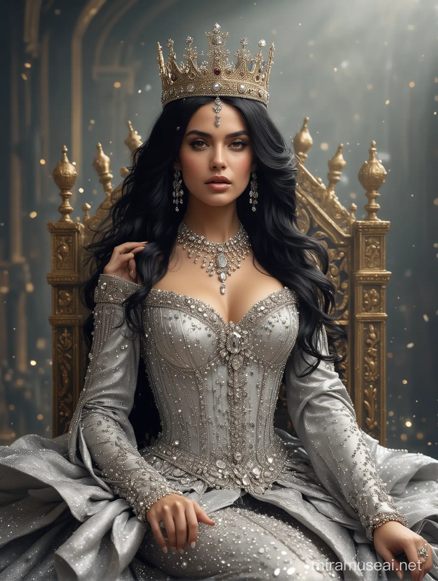 Regal Queen in Silver Gown with Diamond Tiara and Rose Embellishments