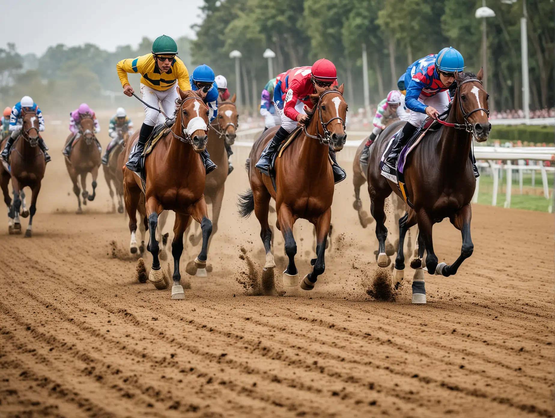 create image of horse racing from an almost ground level perspective coming around the bend showing colorful jockeys expressing their determination