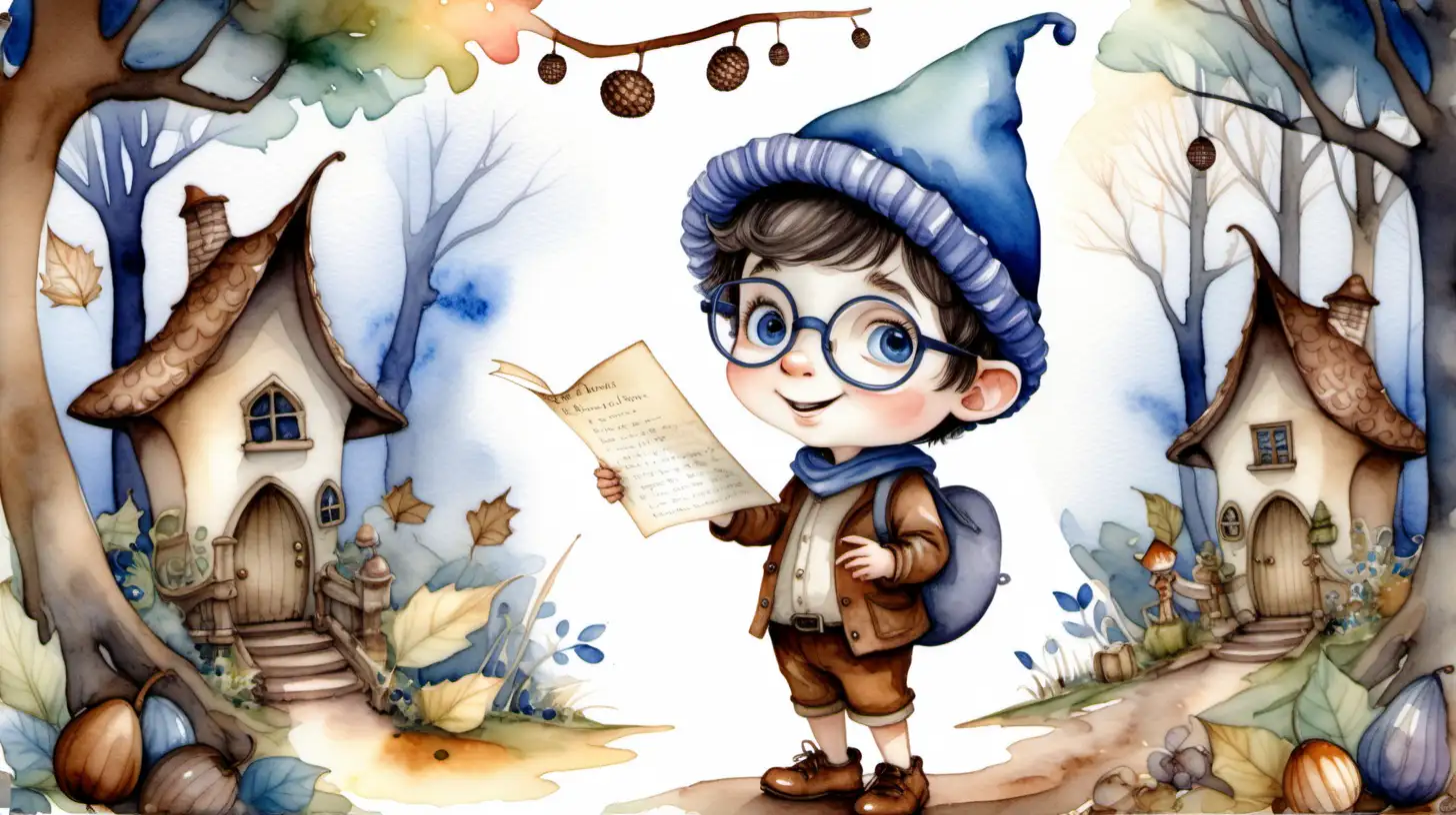 A watercolour fairytale picture of a darkhaired, blue eyed boy pixie in a brown acorn hat and glasses holding a letter and dancing. In a fairy village.
Baby in a cradle
