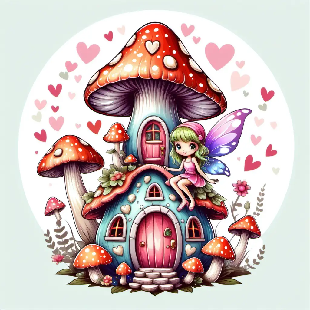 CUTE TINY FAIRY, ON MUSHROOM HOUSE, VERY COLORFUL PASTEL COLORS
VALENTINE THEME illustration, with great details, flawless line art, white background 