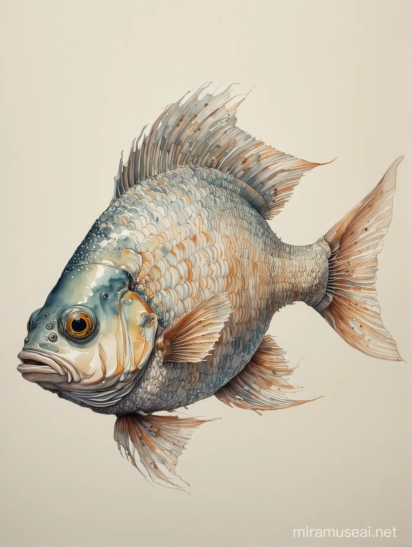 Detailed Technical Drawing of a Fish with Wheels Watercolor Rendering with Beautiful Shadows
