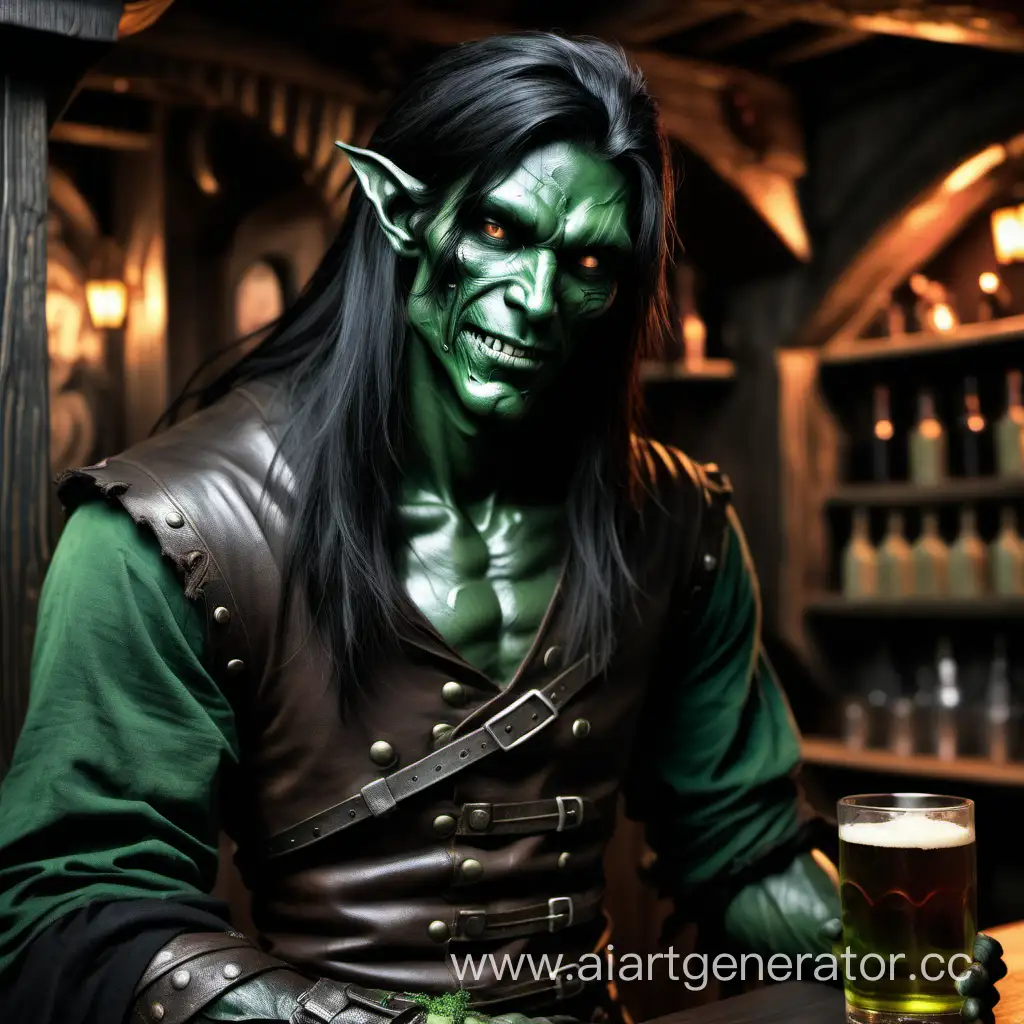 skinny male half-ork with dark green skin, long black hair, background tavern, dark fantasy