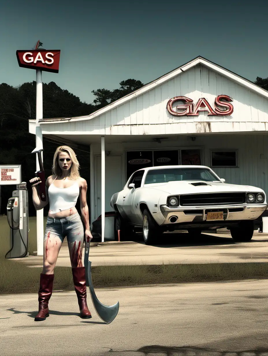 gas station on the back roads of Louisiana with a muscle car parked out front and a bloody axe-wielding white woman wearing skinned boots in the foreground.