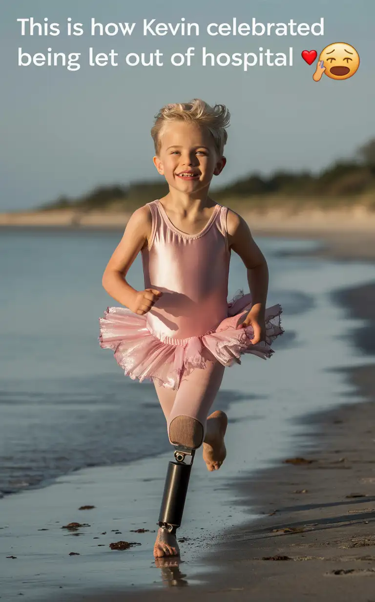 Photograph, A short-haired Cute little 7-year-old boy with a prosthetic left ankle, the boy is celebrating by running along a beach shoreline in a silky pink ballerina leotard and frilly tutu, adorable, perfect faces, perfect eyes, perfect noses, perfect hands, the photograph is captioned “this is how Kevin celebrated being let out of hospital 😭” (include crying emoji)