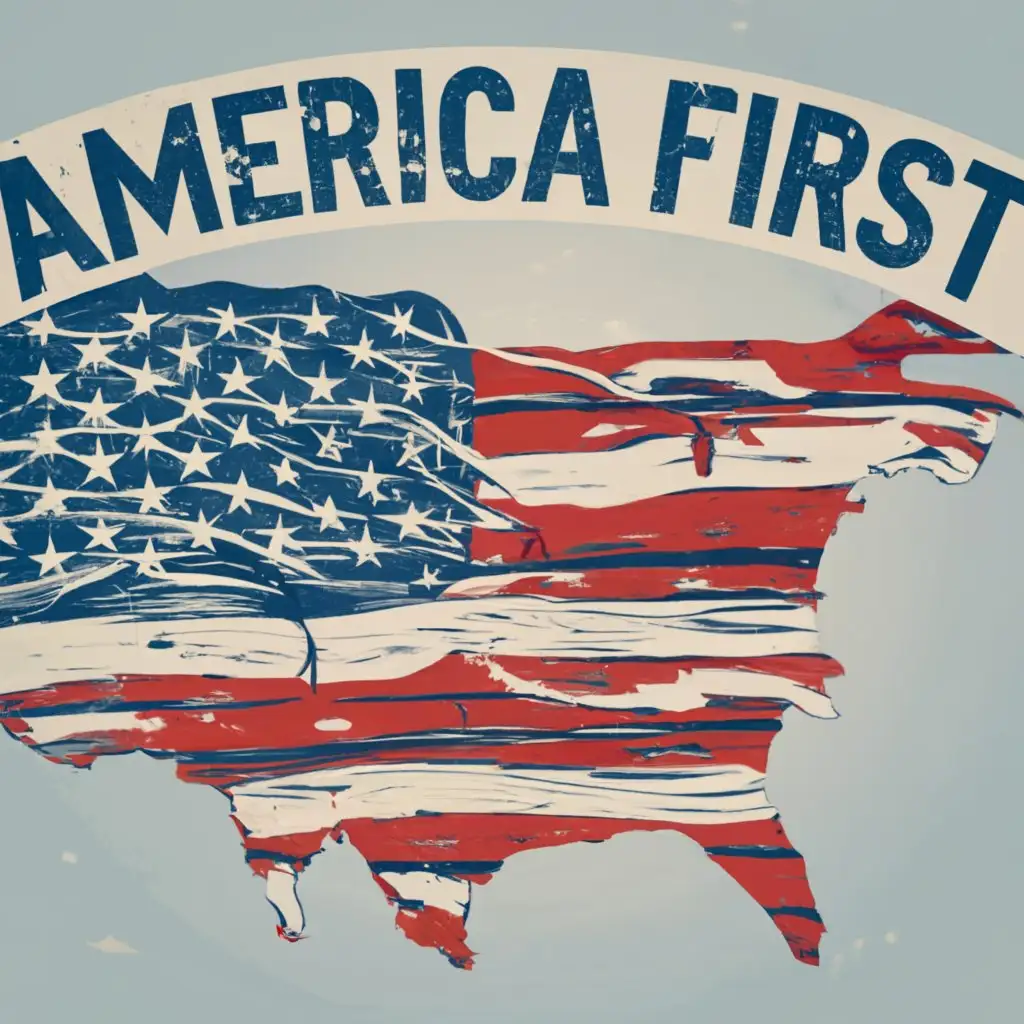 logo, Distressed American flag, with the text "America first", typography