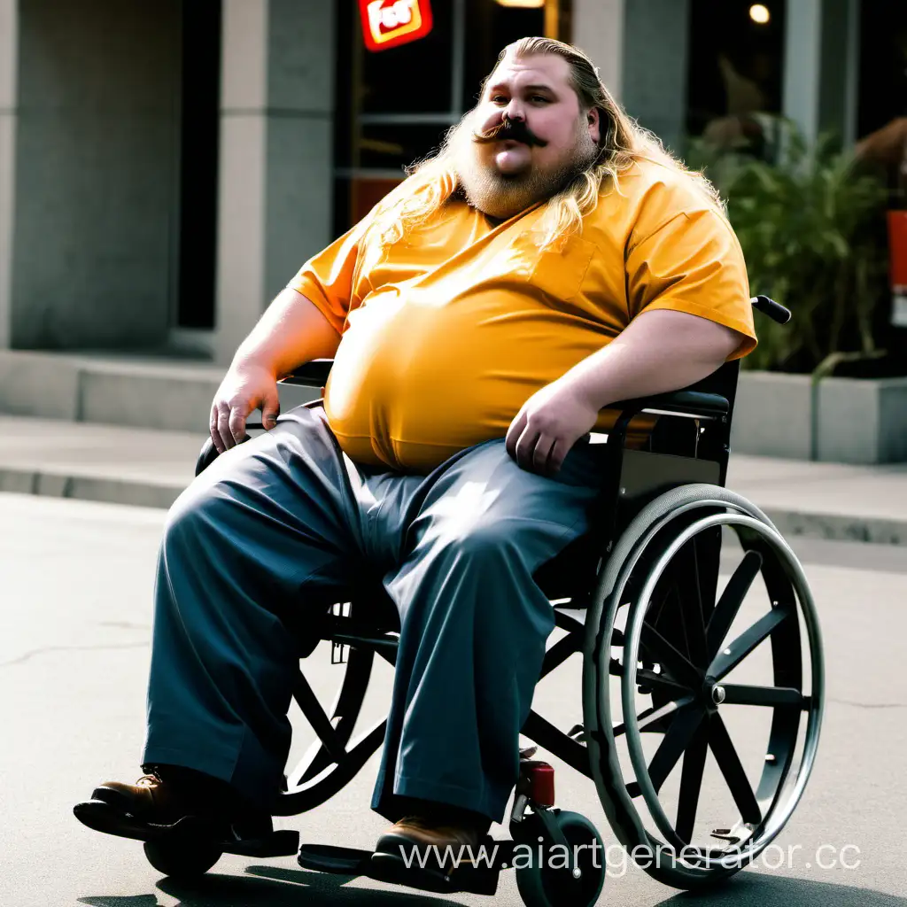 жирный человек со светлыми длинными волосами бородой и усами на коляске с кучей фастфуда 
