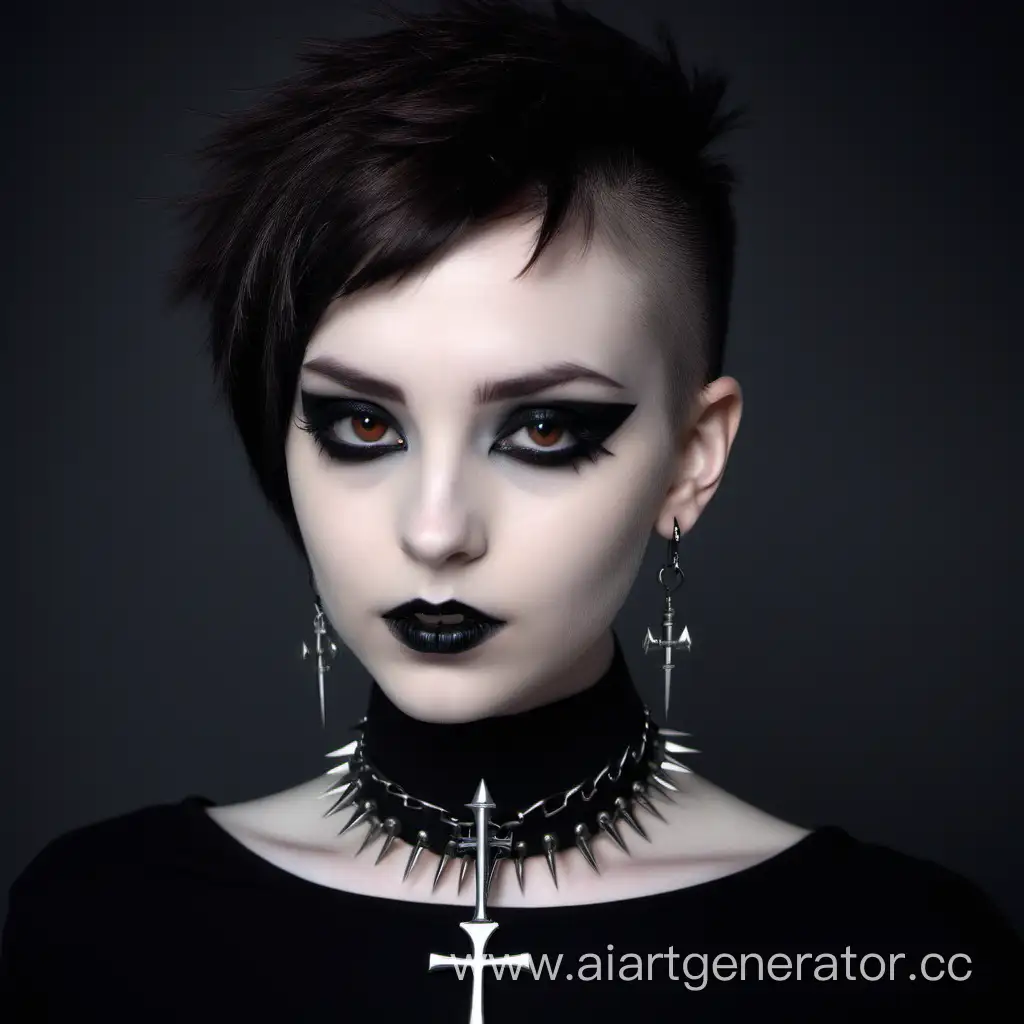 Gothic-Style-DarkEyed-Beauty-with-Spiked-Choker-and-Ankh-Earrings