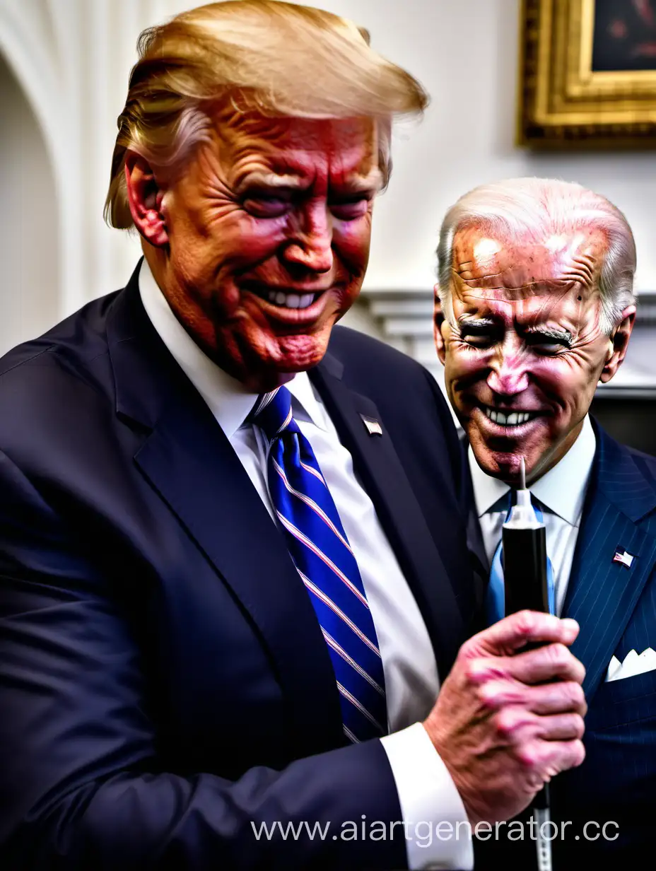 joe biden laging in the back ground, donald trump, diabolical grin in foreground, holding a large black medical syringe in his right hand wide.