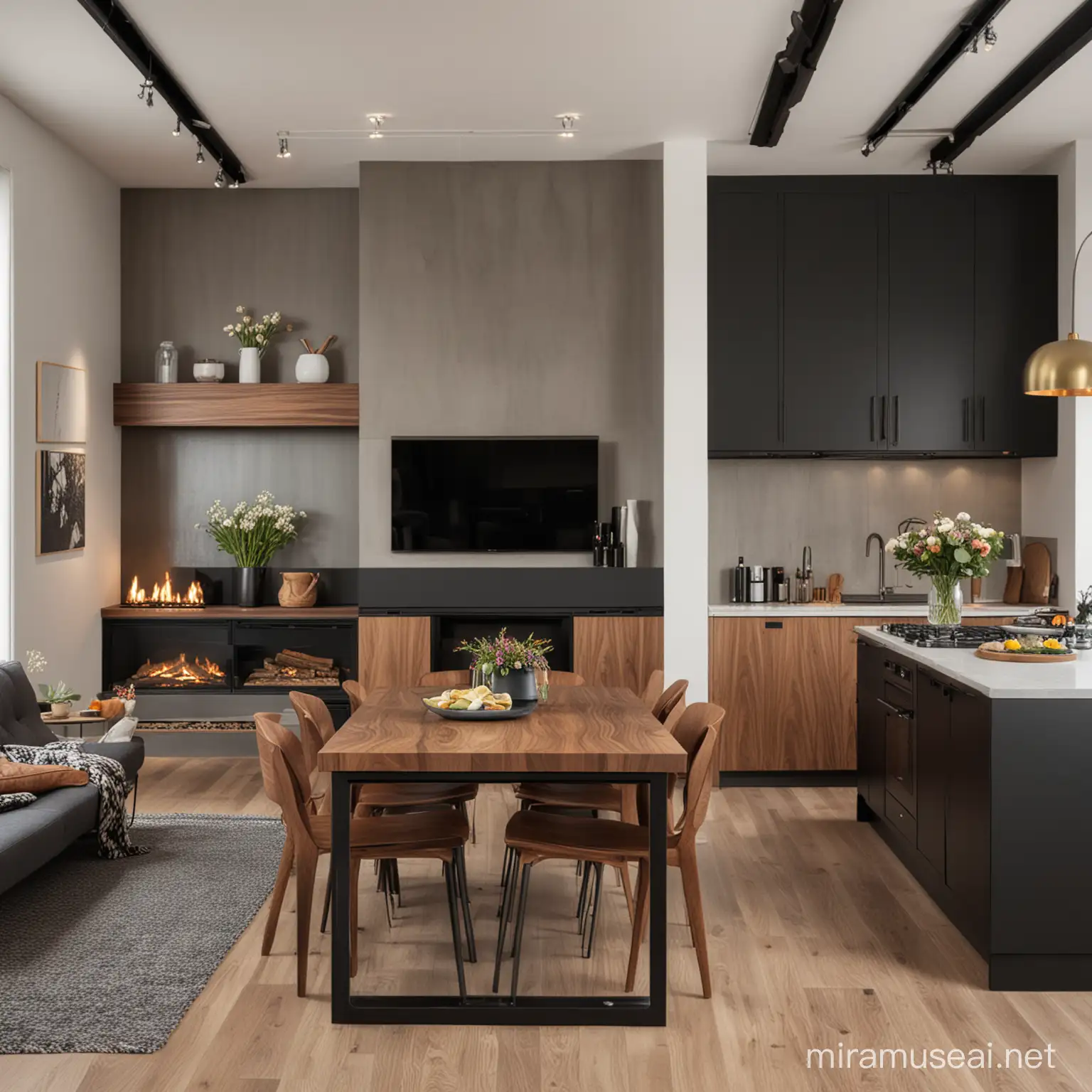 modern, elegant, soft, cozy, loft style kitchen, walnut wood, black, flowers, fire place living room