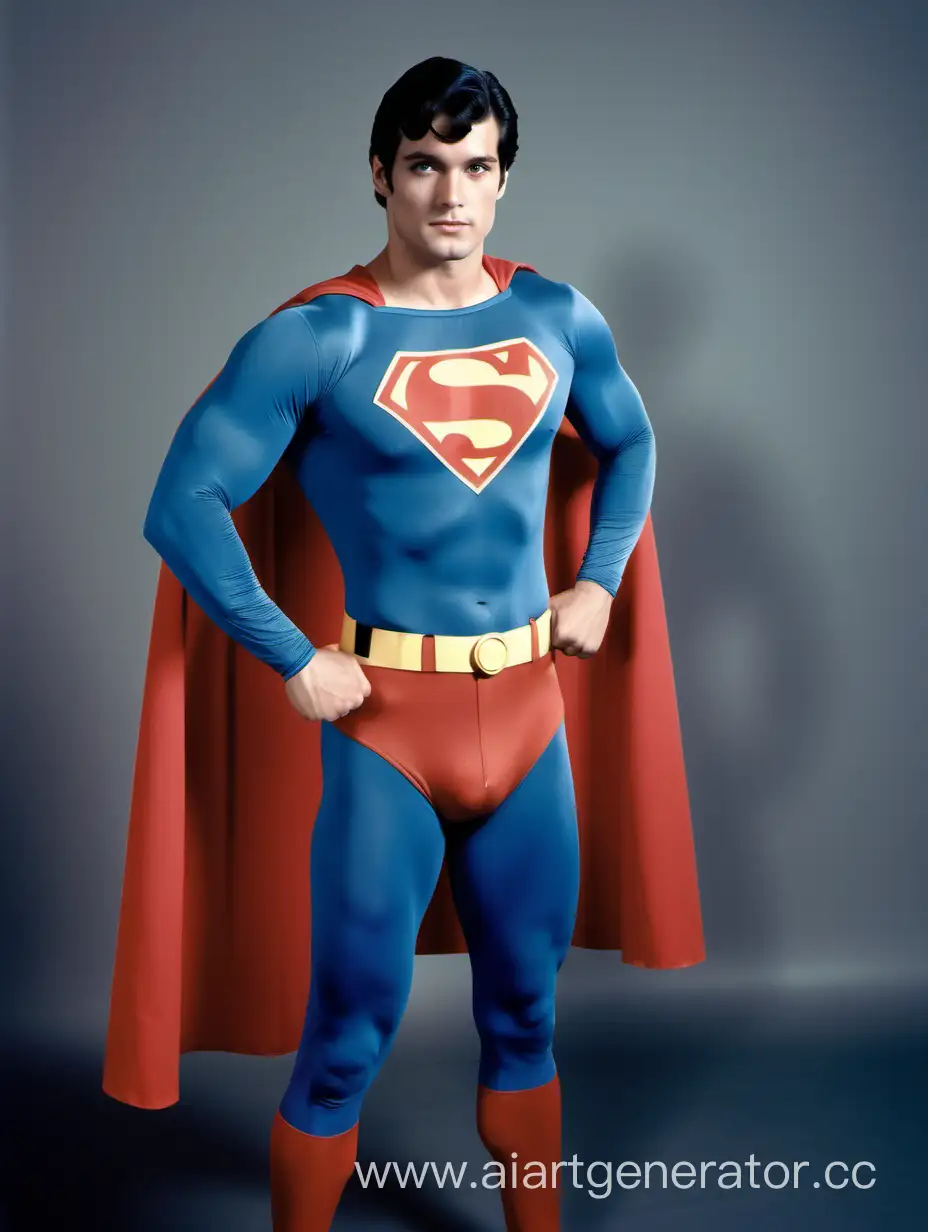 Handsome Man Age 24 with Short Black Hair and a Muscular Body Wearing the 1978 Superman Suit with His Hands Crossed 