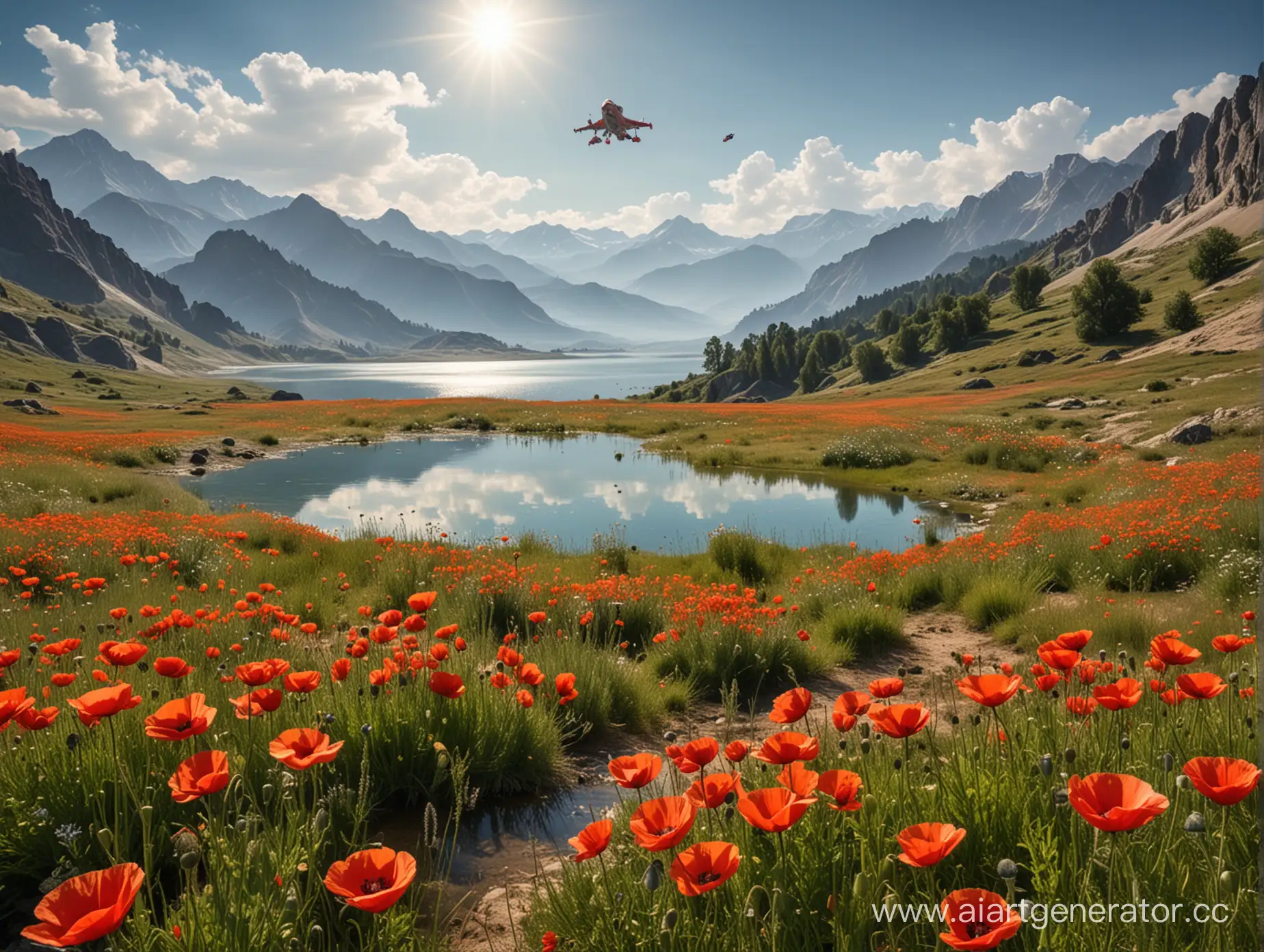 Mountain-Landscape-with-Red-Poppies-Meadow-and-Spaceship-Landing