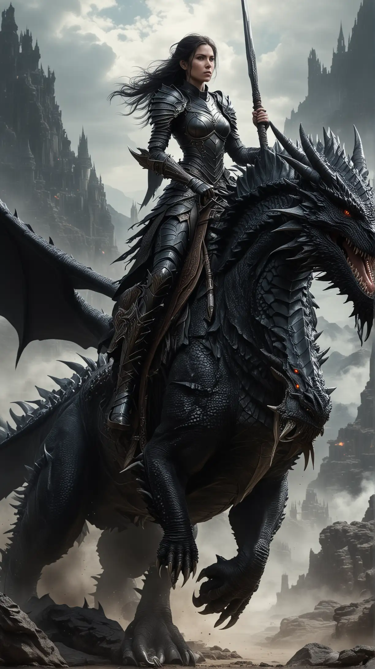 Armored Woman Riding Black Dragon in High Fantasy Scene