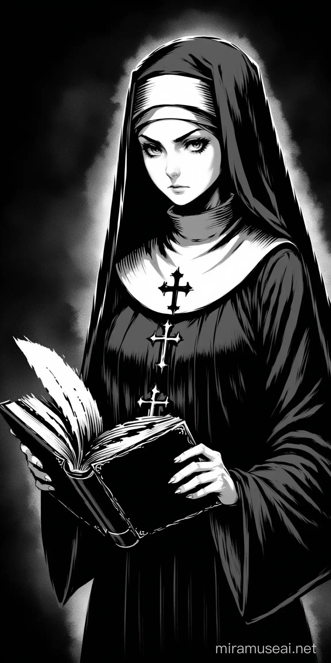 holding book, serious, nun, ink painting, only black and white, monochrome, darkest dungeon style