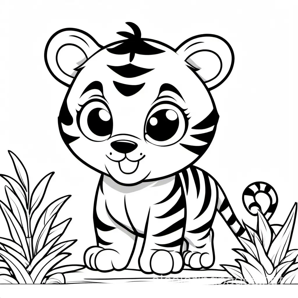cute baby tiger walking coloring page, Coloring Page, black and white, line art, white background, Simplicity, Ample White Space. The background of the coloring page is plain white to make it easy for young children to color within the lines. The outlines of all the subjects are easy to distinguish, making it simple for kids to color without too much difficulty