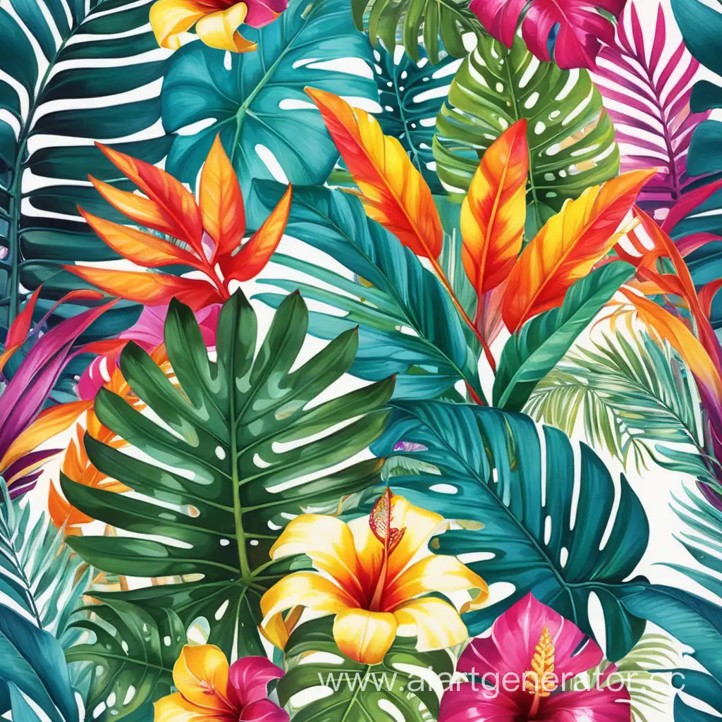"Tropical Fusion" with a vibrant and exotic mix of palm leaves and bright colors