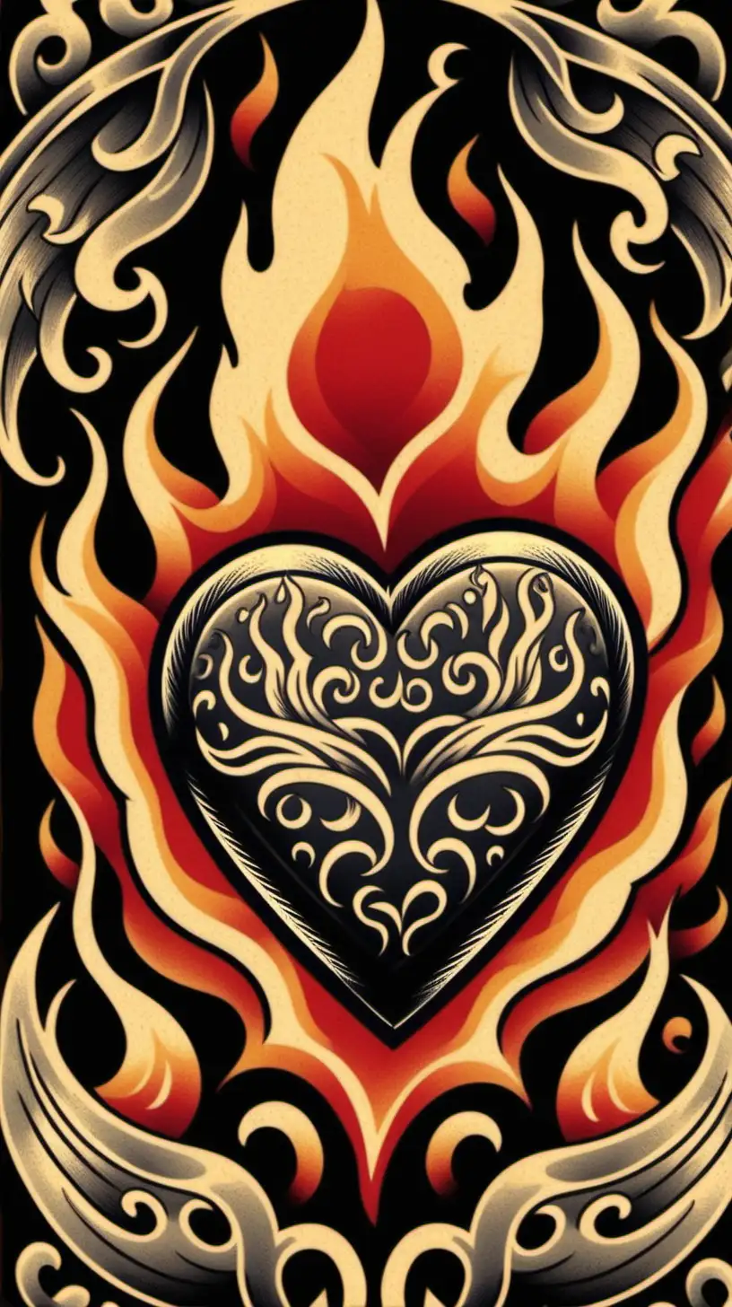 Seamless Oldschool Tattoo Design with Flames Zippo and Heart on Black Background