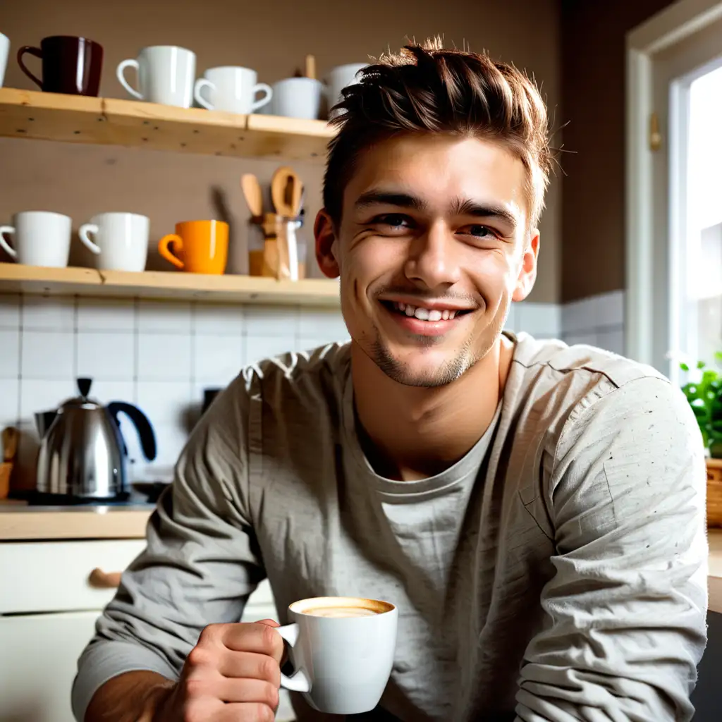 Happy Young Man Enjoying Coffee in a Cozy Kitchen
