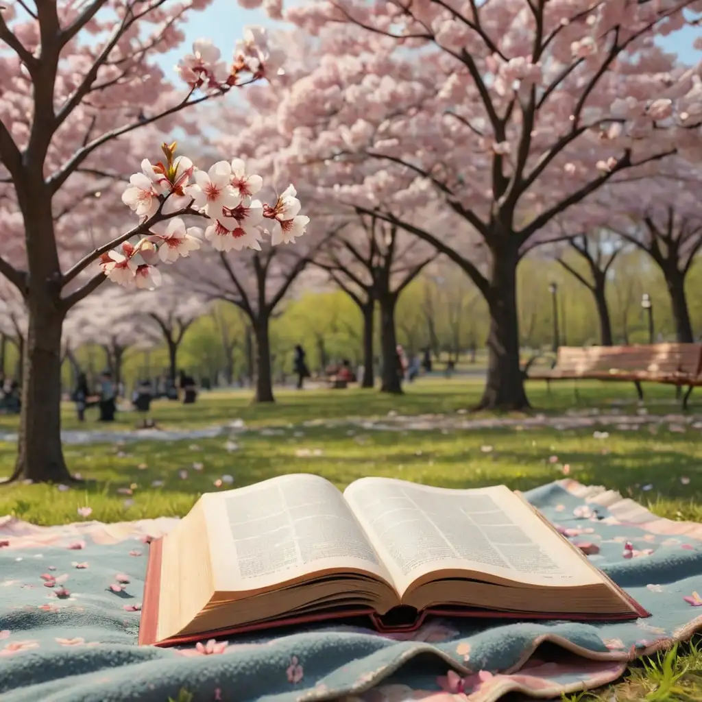 an open book with Sakura flowers, in a park, on a blanket, concept of love of reading books, pixar animation style
