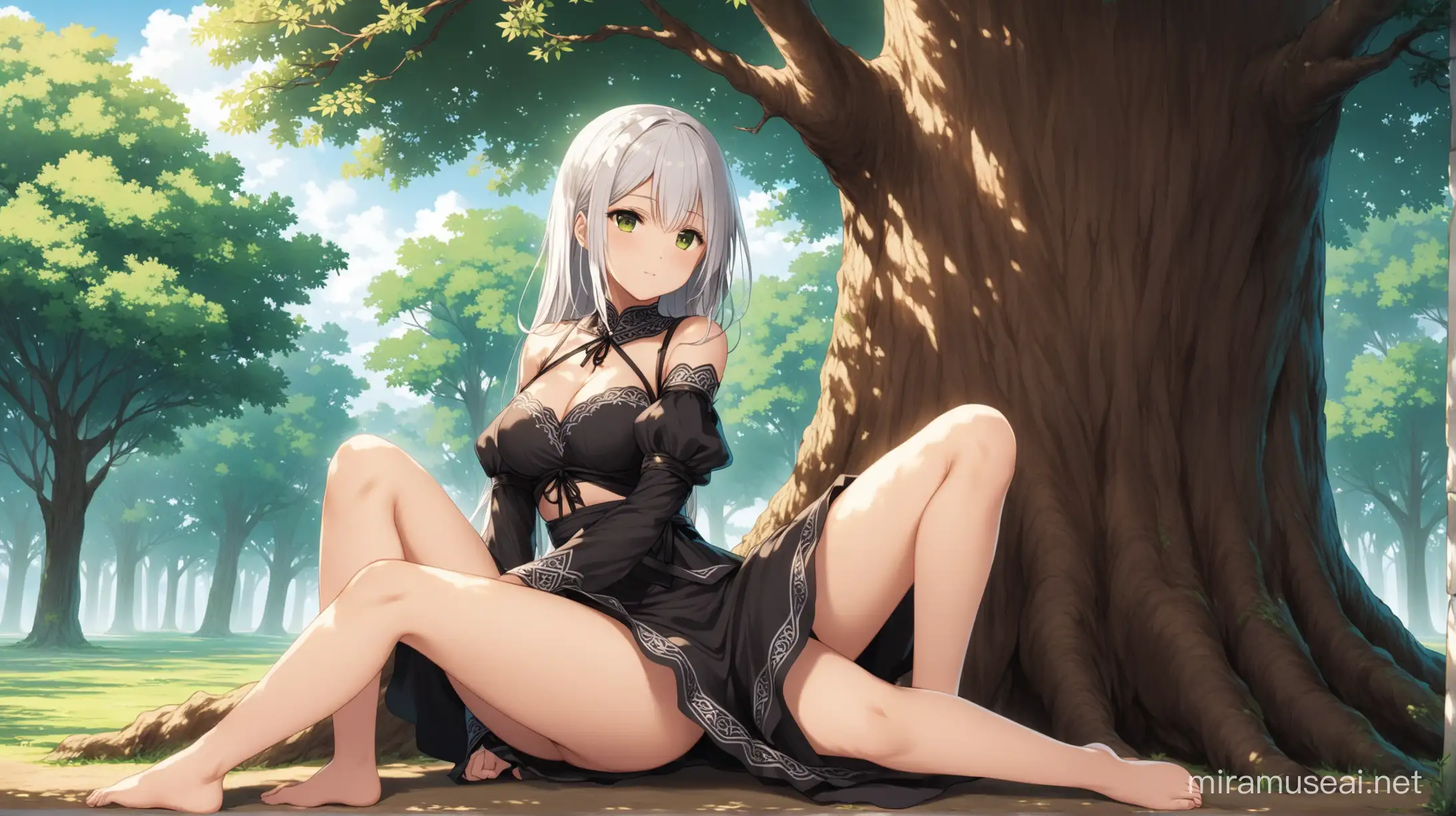 nier keira ecchi laying pose under an ancient tree